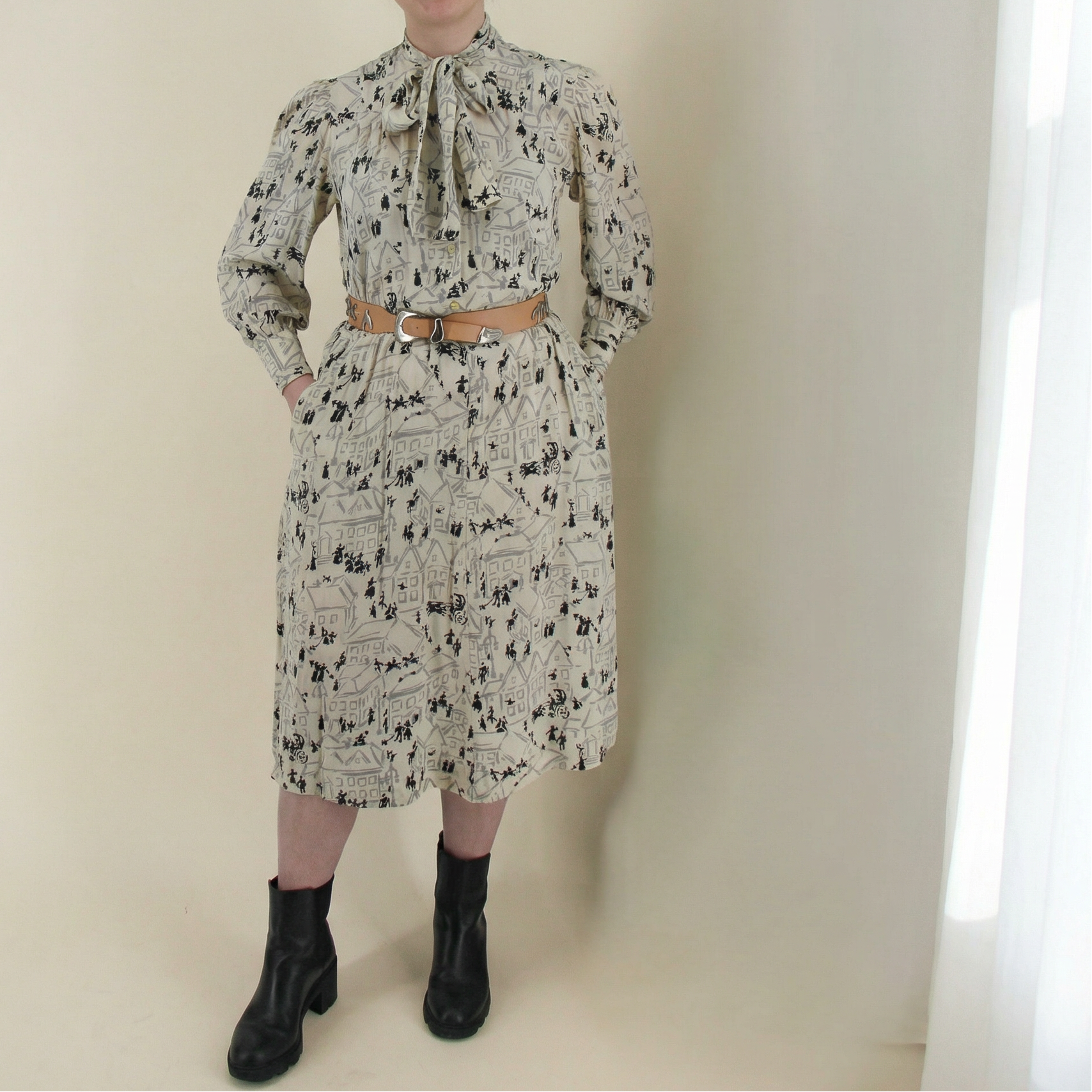 70s silk village print tie neck dress