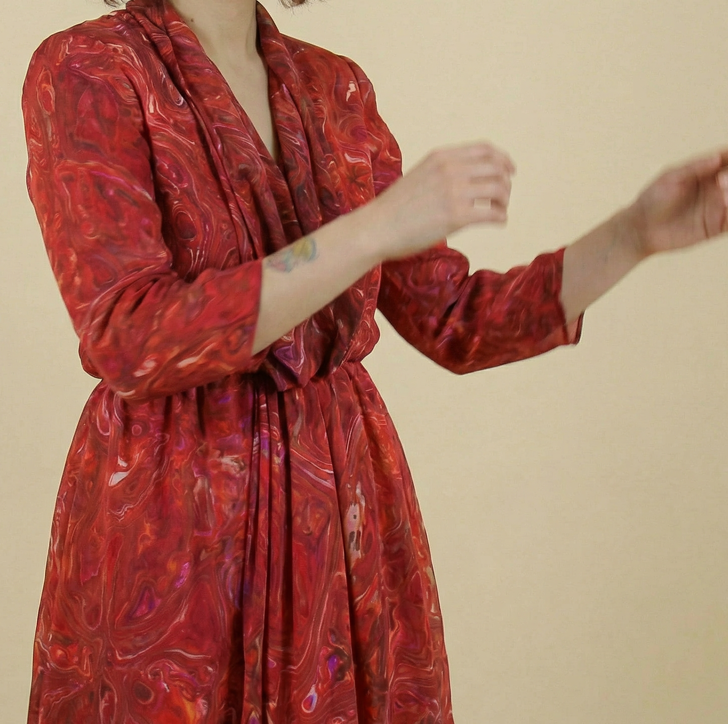 70s red marbled chiffon draped dress