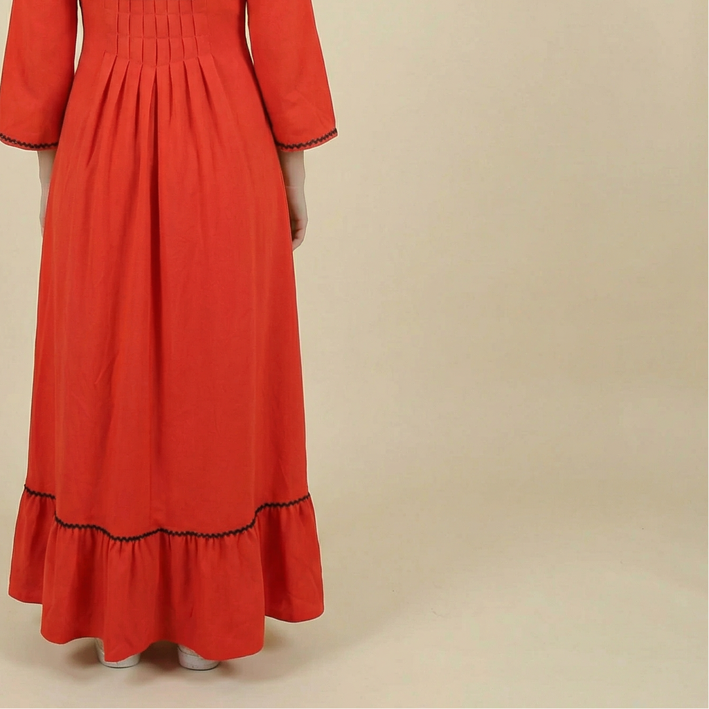 70s red embroidered maxi dress with cross-stitch