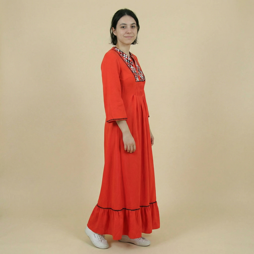 70s red embroidered maxi dress with cross-stitch