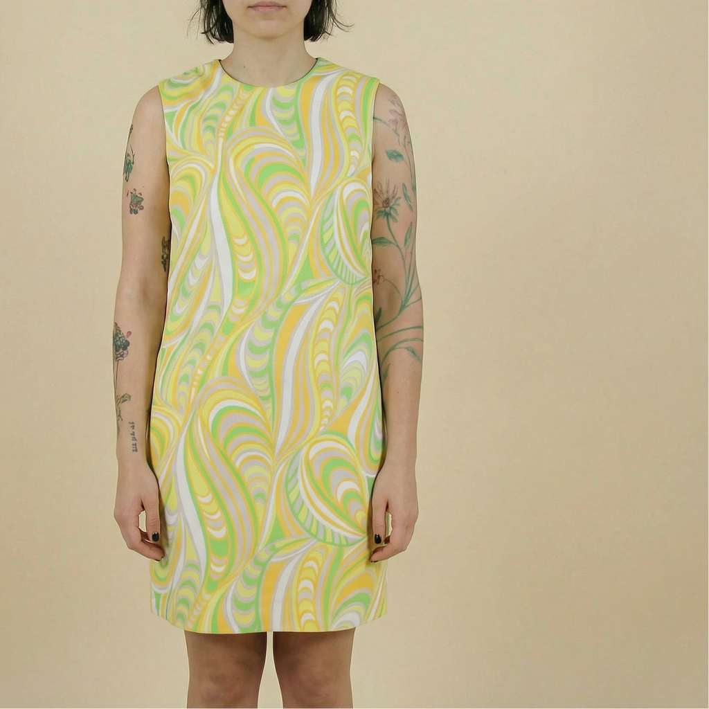 60s yellow green psychedelic swirl sheath dress