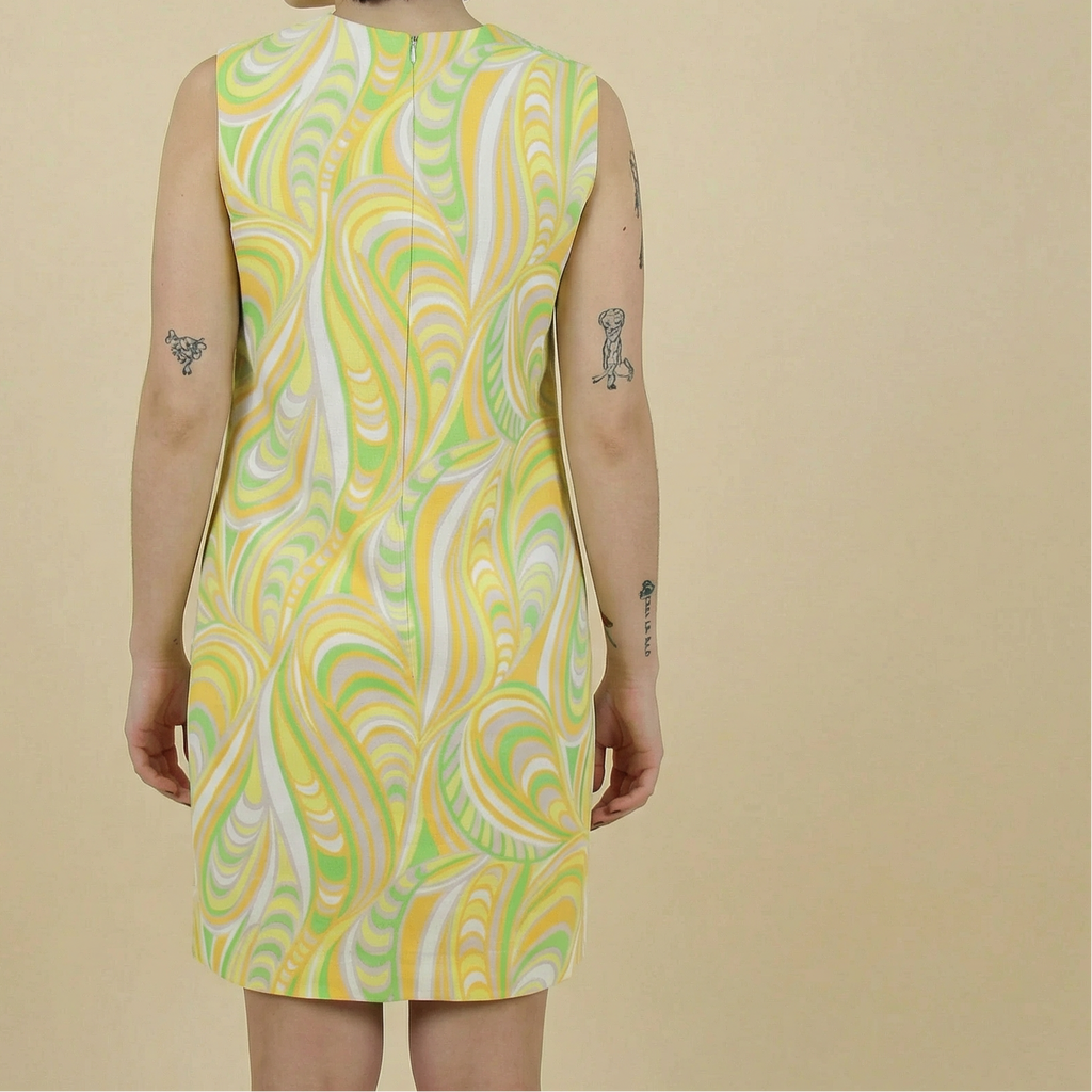 60s yellow green psychedelic swirl sheath dress