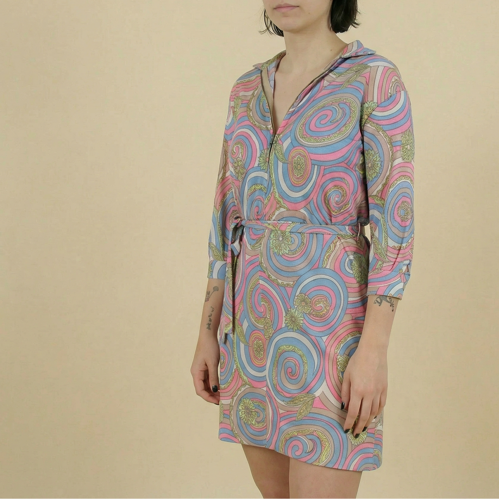 60s psychedelic zip-front knit mini dress