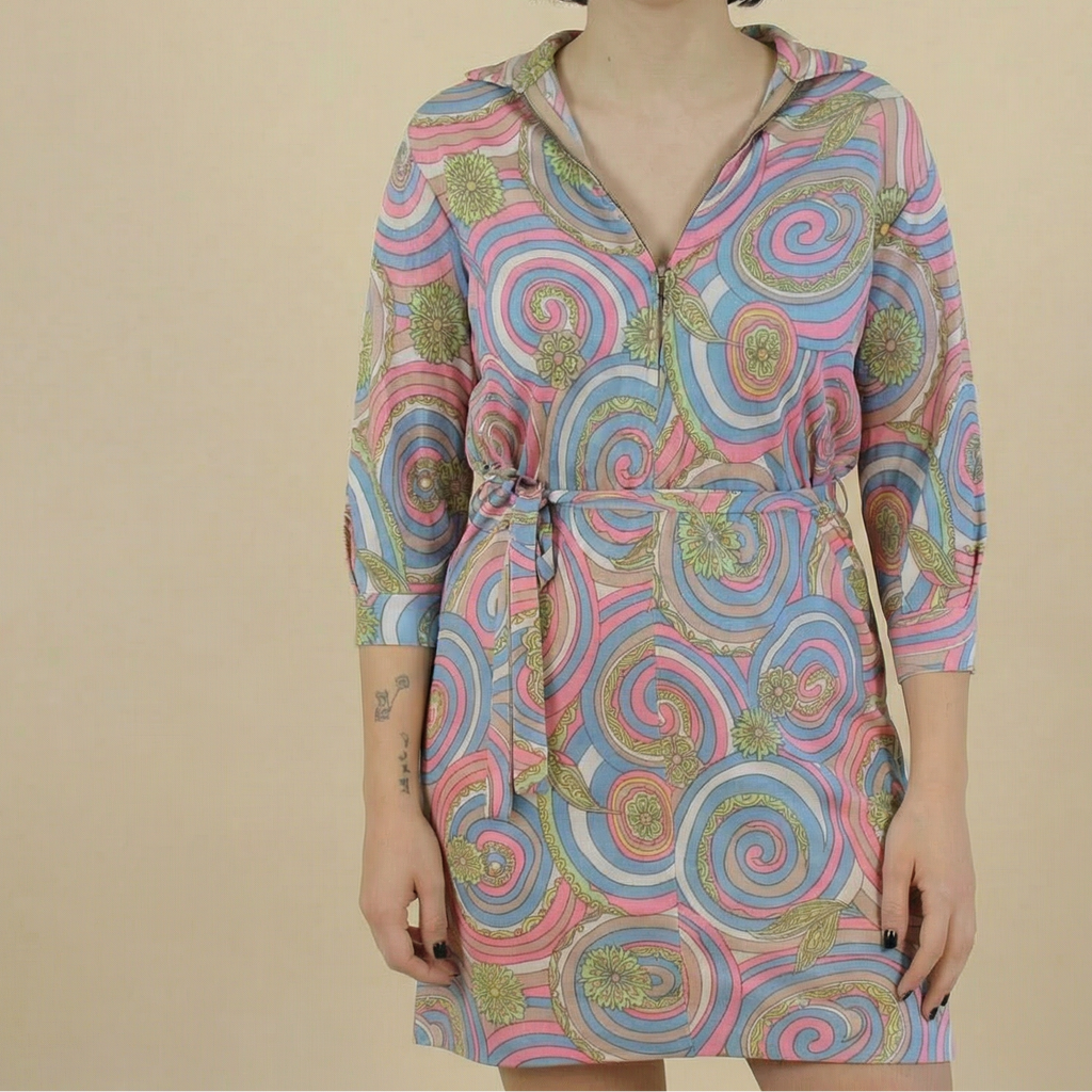 60s psychedelic zip-front knit mini dress