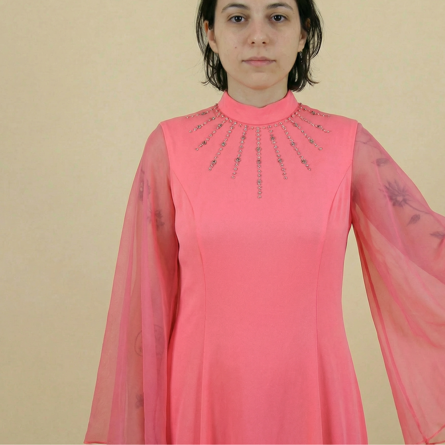 70s hot pink jeweled bell-sleeve maxi dress