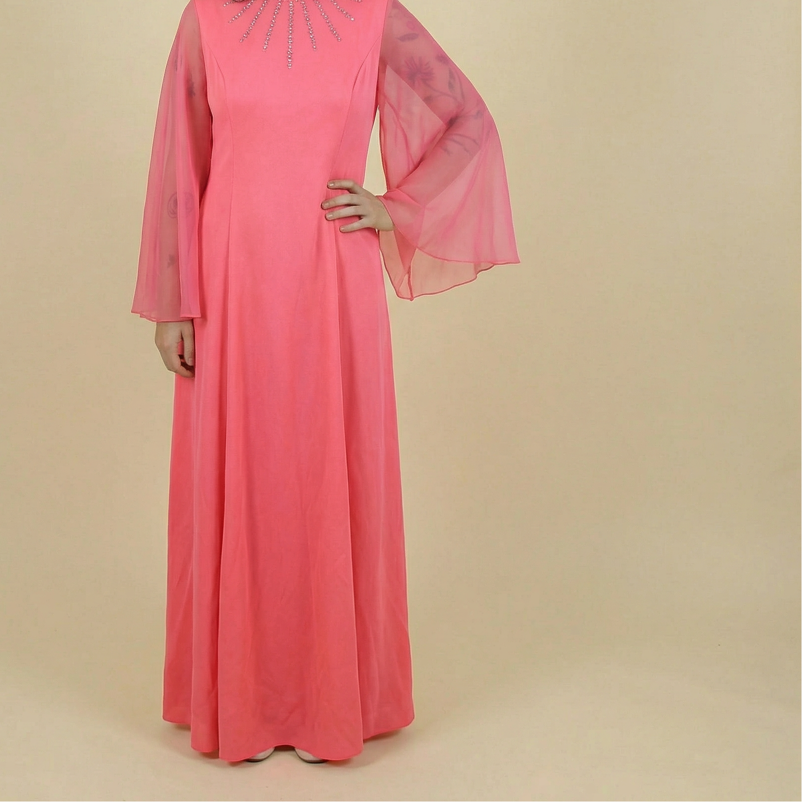 70s hot pink jeweled bell-sleeve maxi dress
