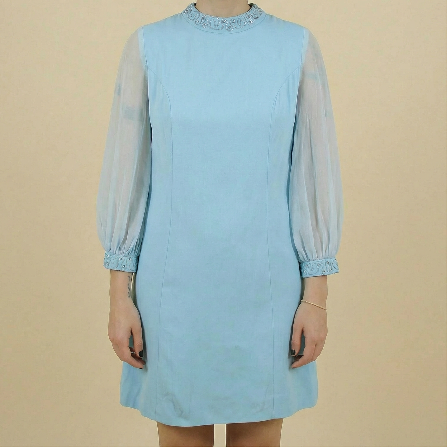 60s powder blue mock neck mini dress with sheer sleeves