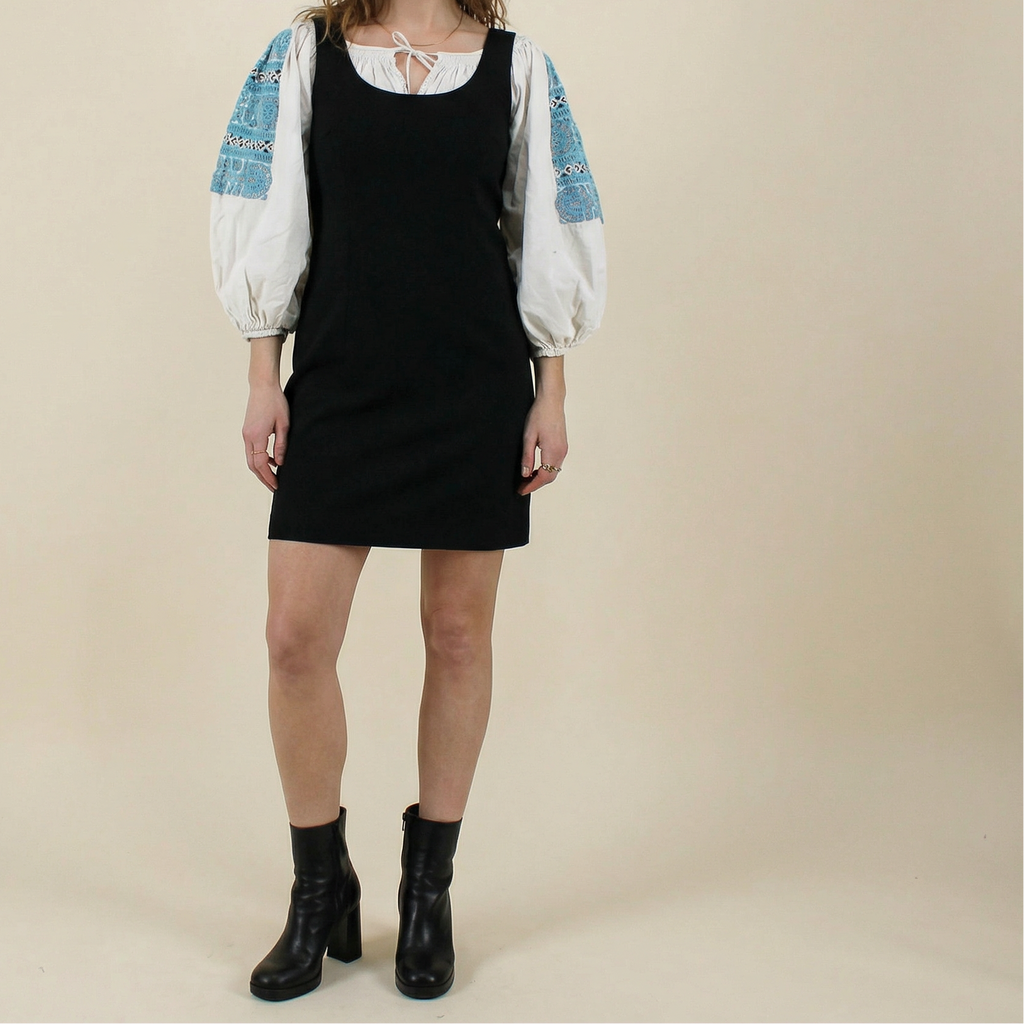 50s folk cropped blouse - hand-smocked neckline & wrists,  cutwork embroidery