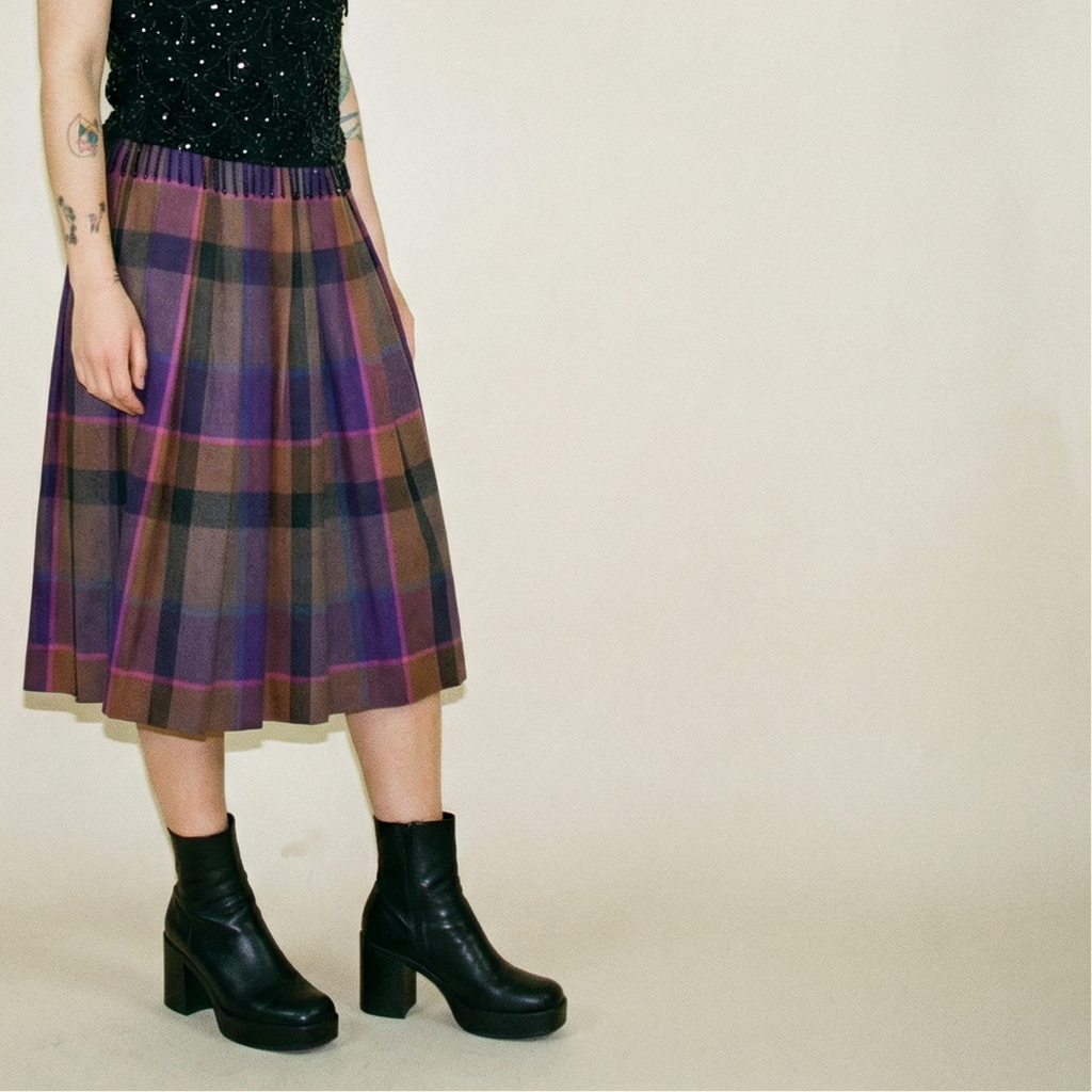 80s perry ellis purple plaid 100% wool pleated midi skirt