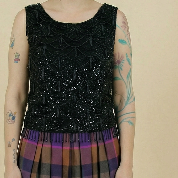 60s black beaded wool shell – made in hong kong