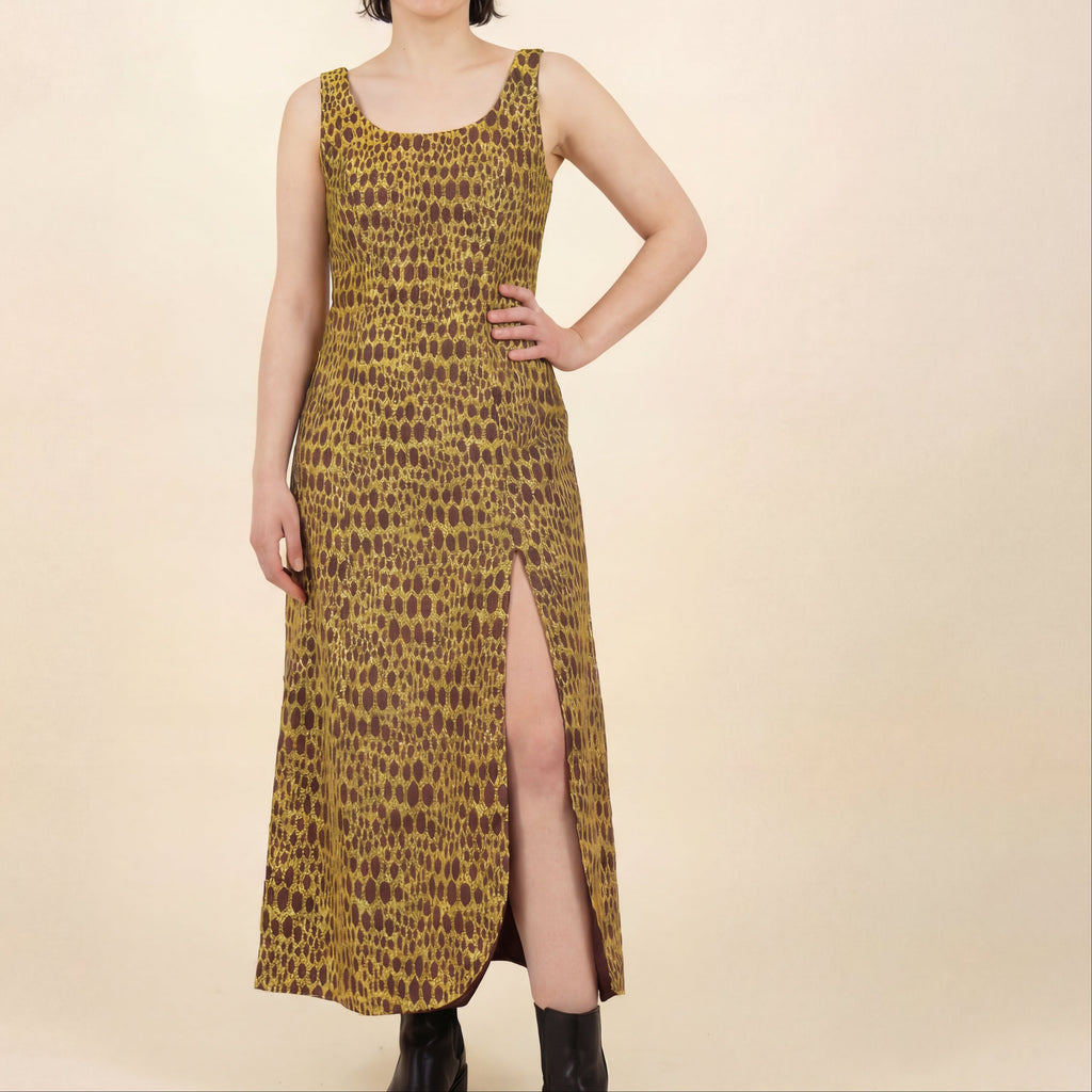60s gold lurex animal print mod midi shift dress