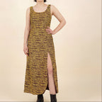 60s gold lurex animal print mod midi shift dress