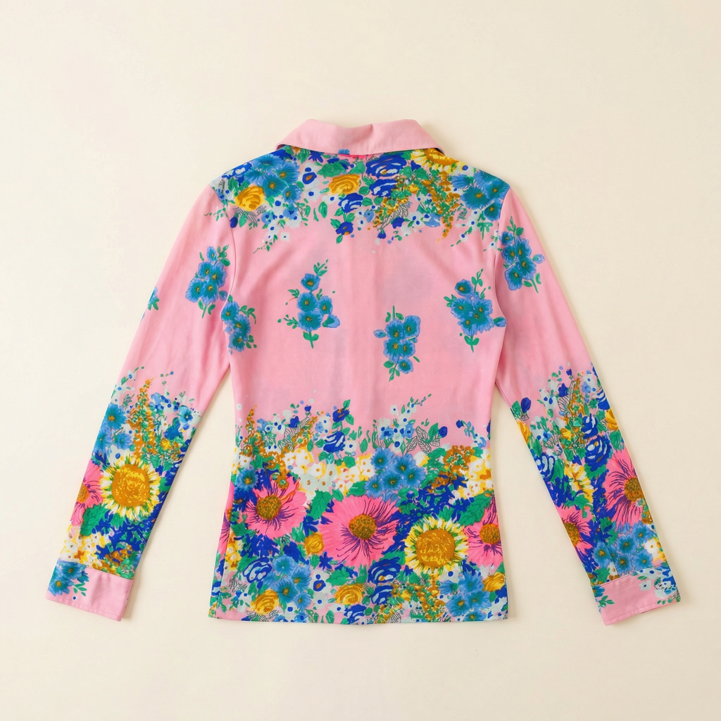 70s french floral knit disco blouse