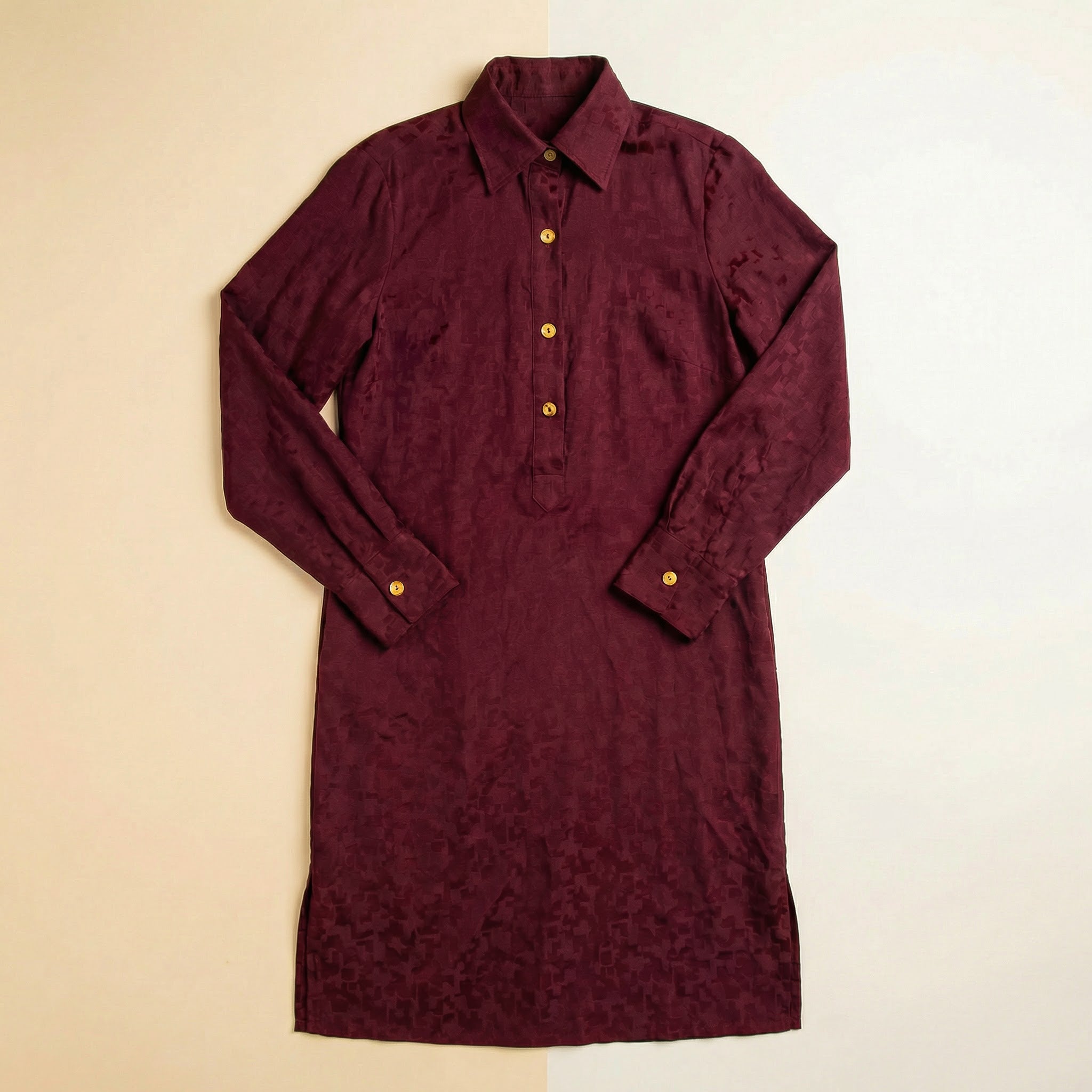 70s burgundy italian silk jacquard shirt dress