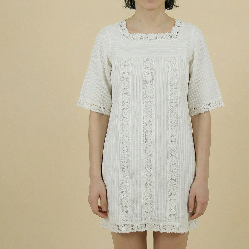 30s white pintucked cotton dress with lace panels