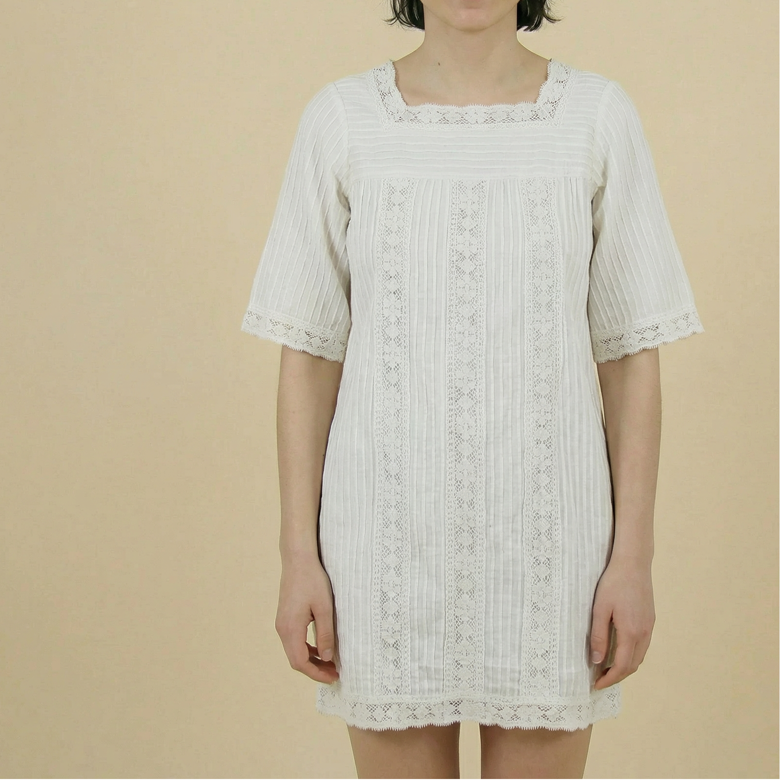 30s white pintucked cotton dress with lace panels