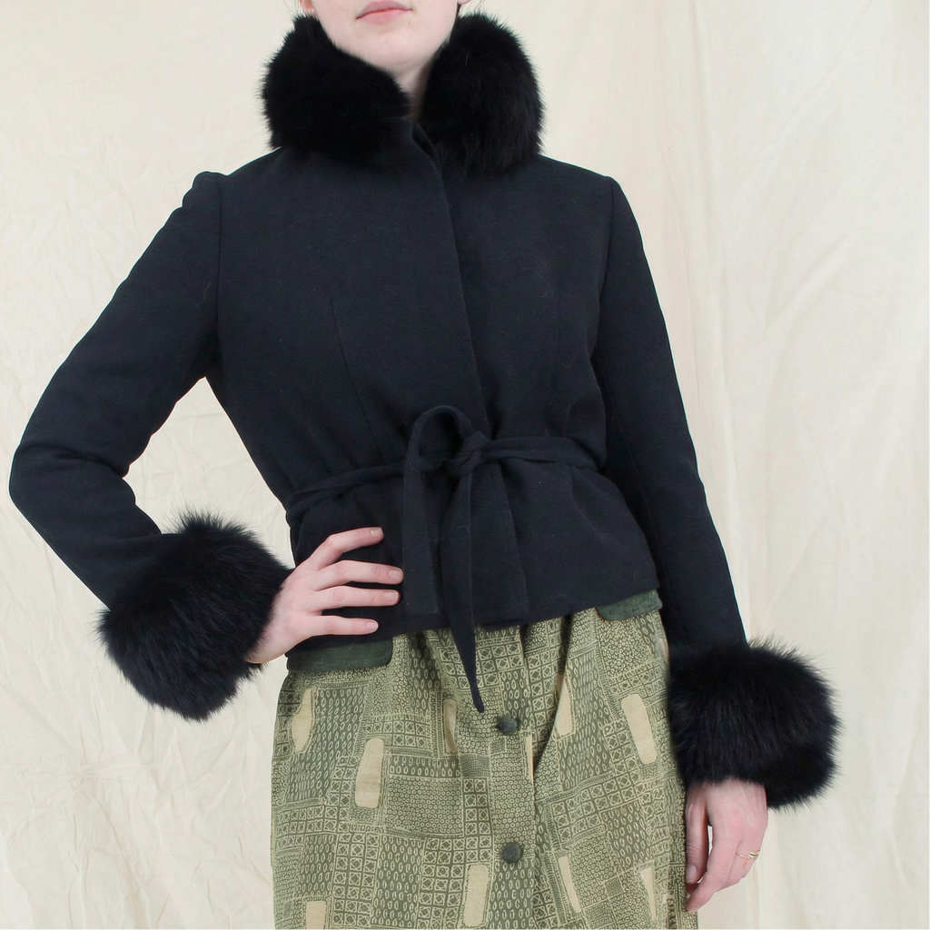 90s italian wool belted jacket with fox fur collar and cuffs