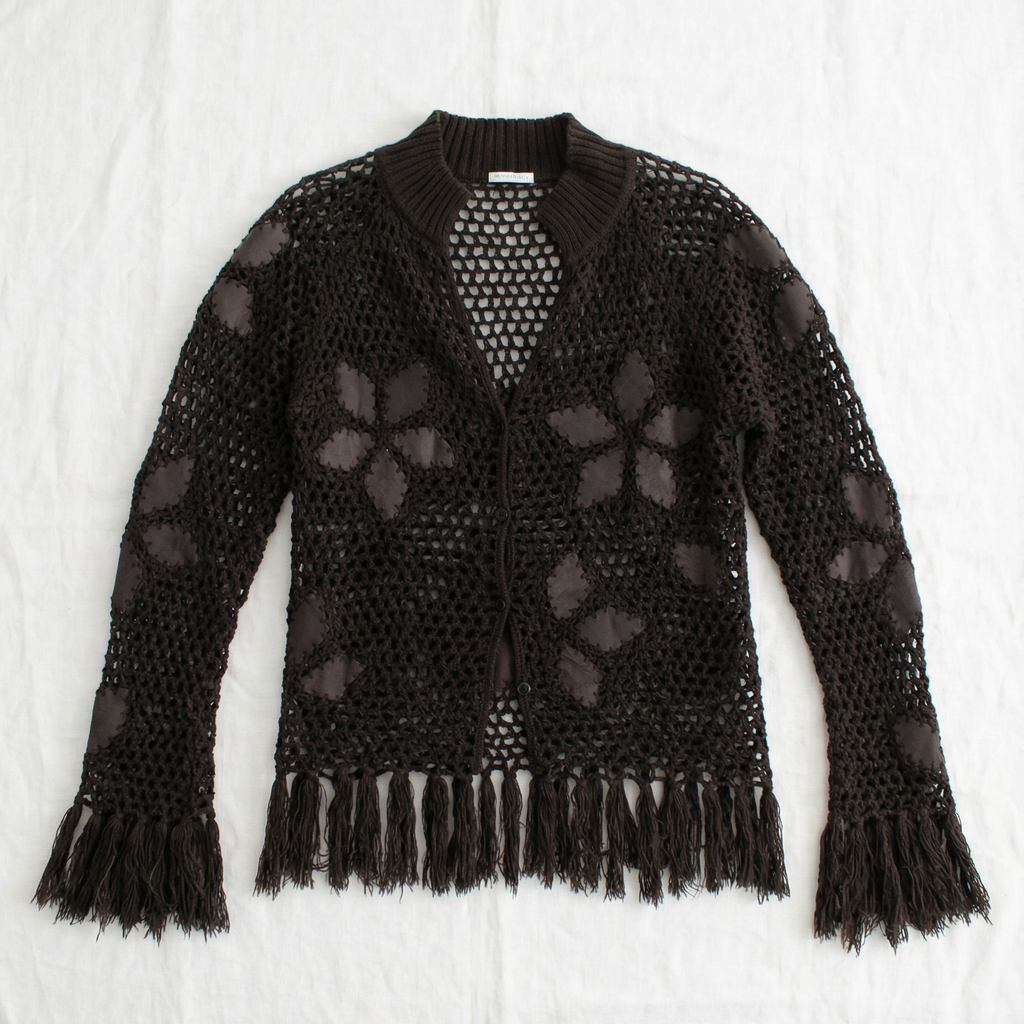 y2k crochet cardigan with suede appliqués and fringe