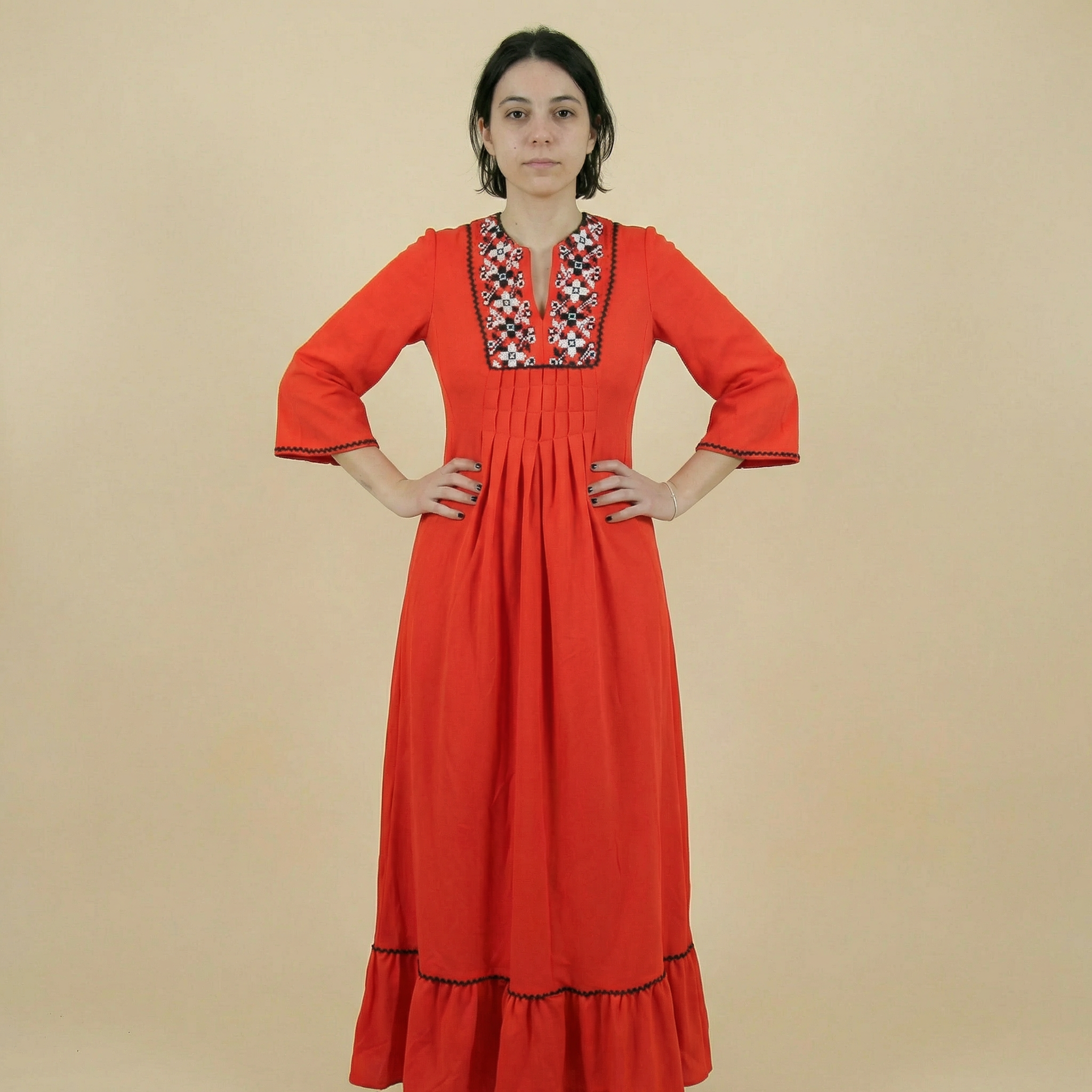 70s red embroidered maxi dress with cross-stitch