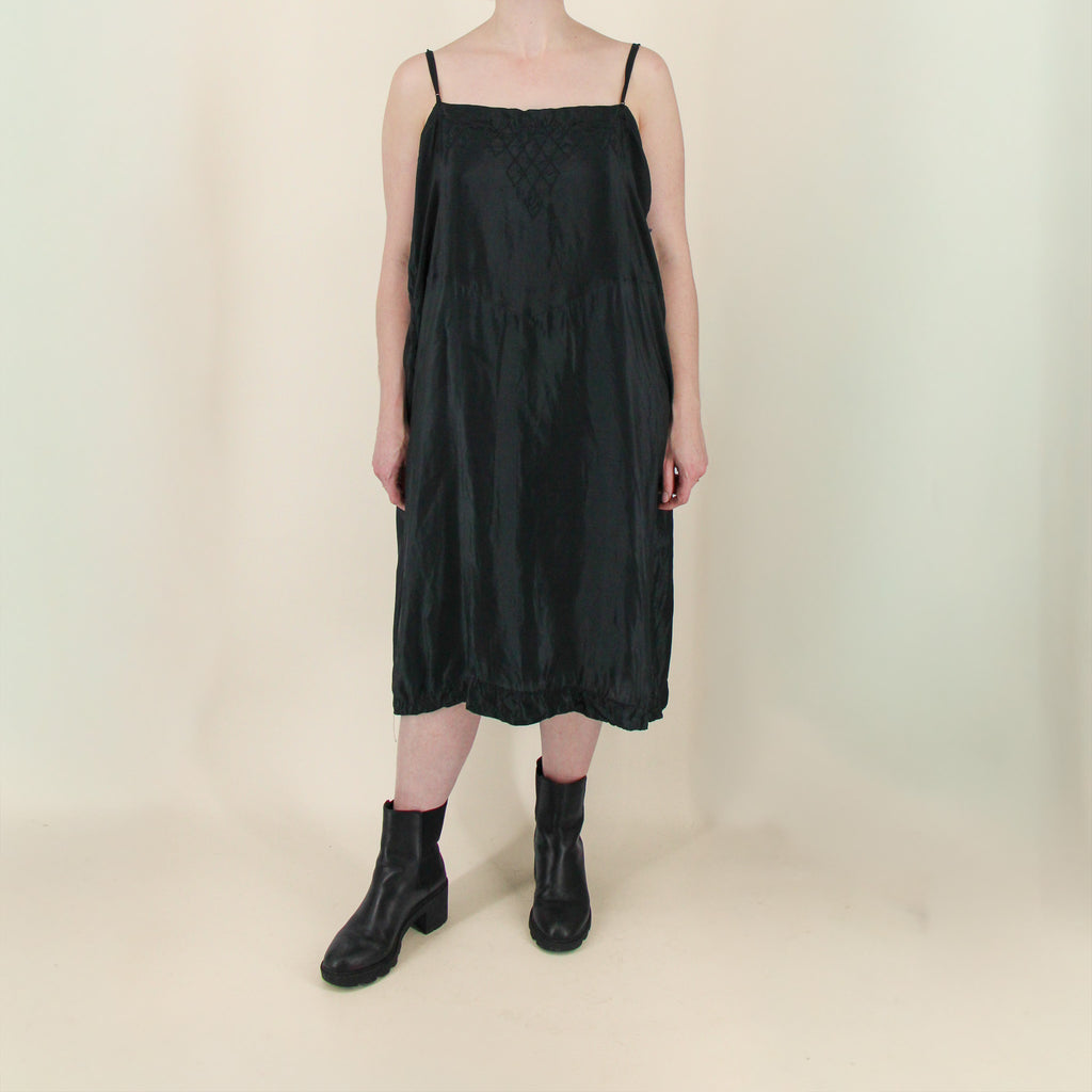 40s black silk slip dress with diamond smocking