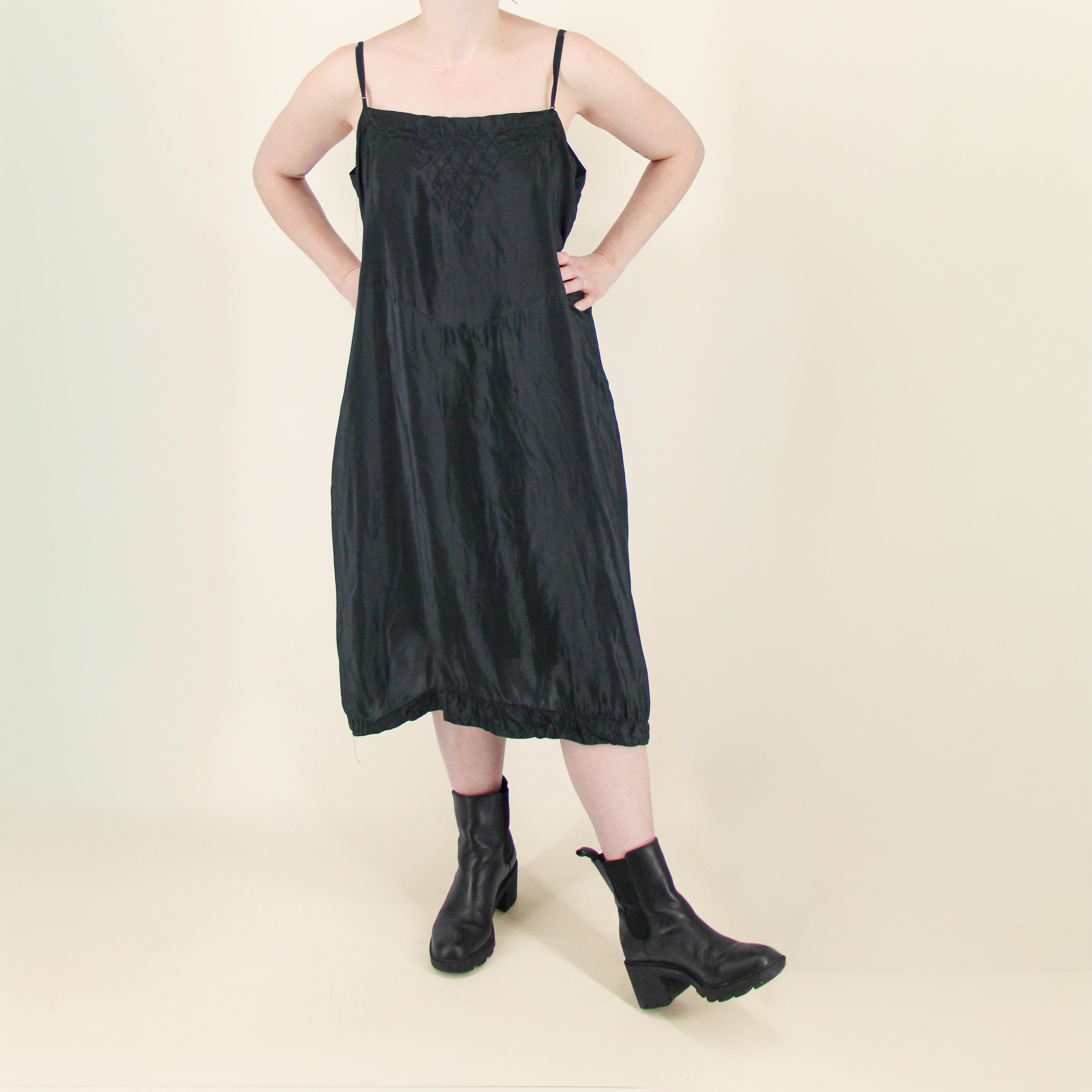 40s black silk slip dress with diamond smocking