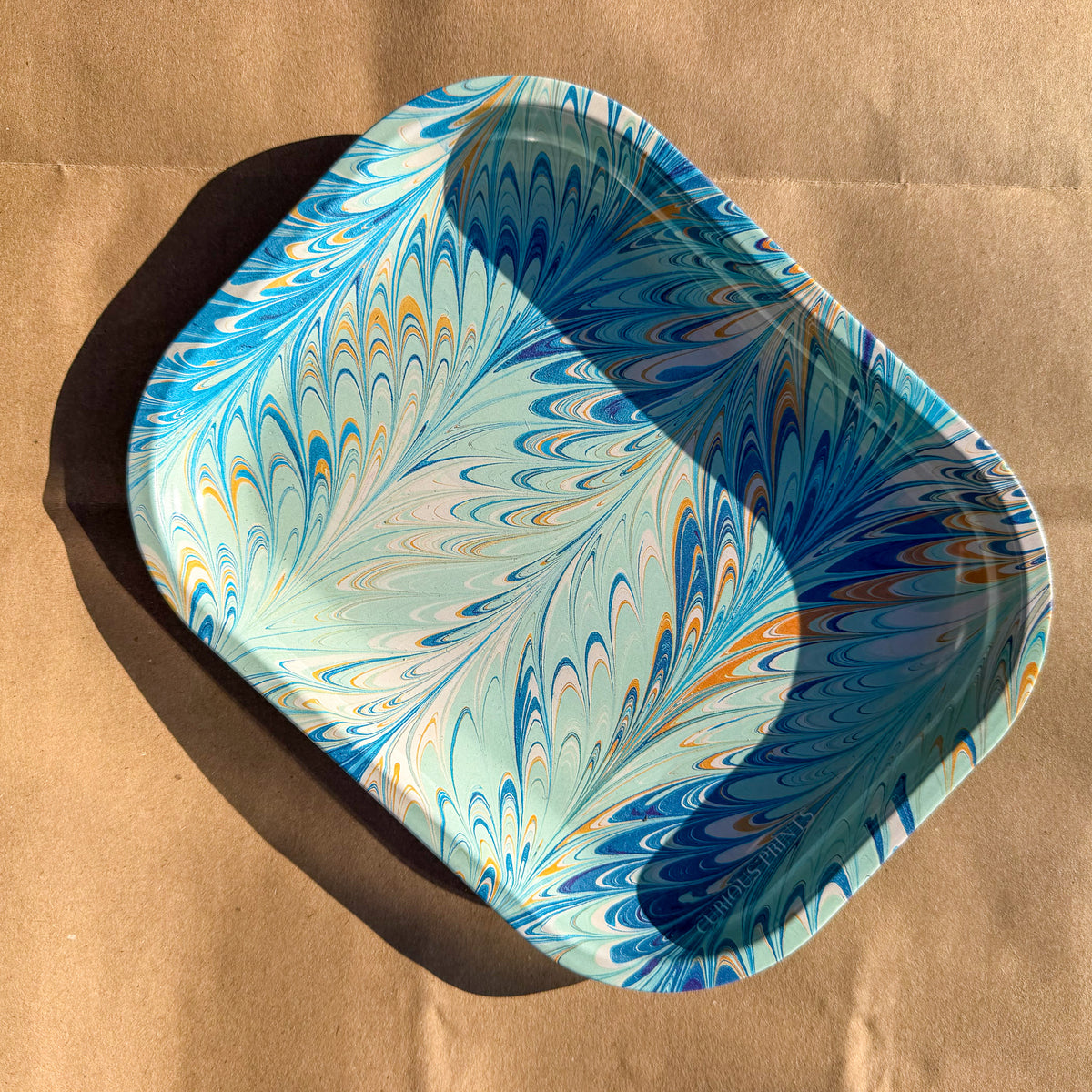 pastel blue marbled metal trinket tray