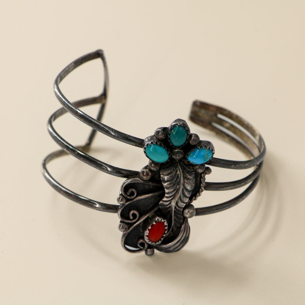 60s sterling turquoise and coral leaf cuff bracelet