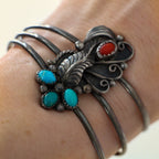 60s sterling turquoise and coral leaf cuff bracelet
