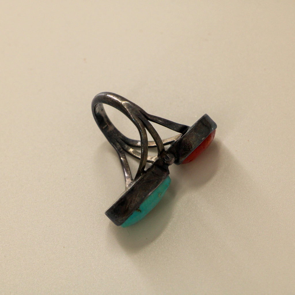 70s turquoise + coral 'toi et moi' sterling ring