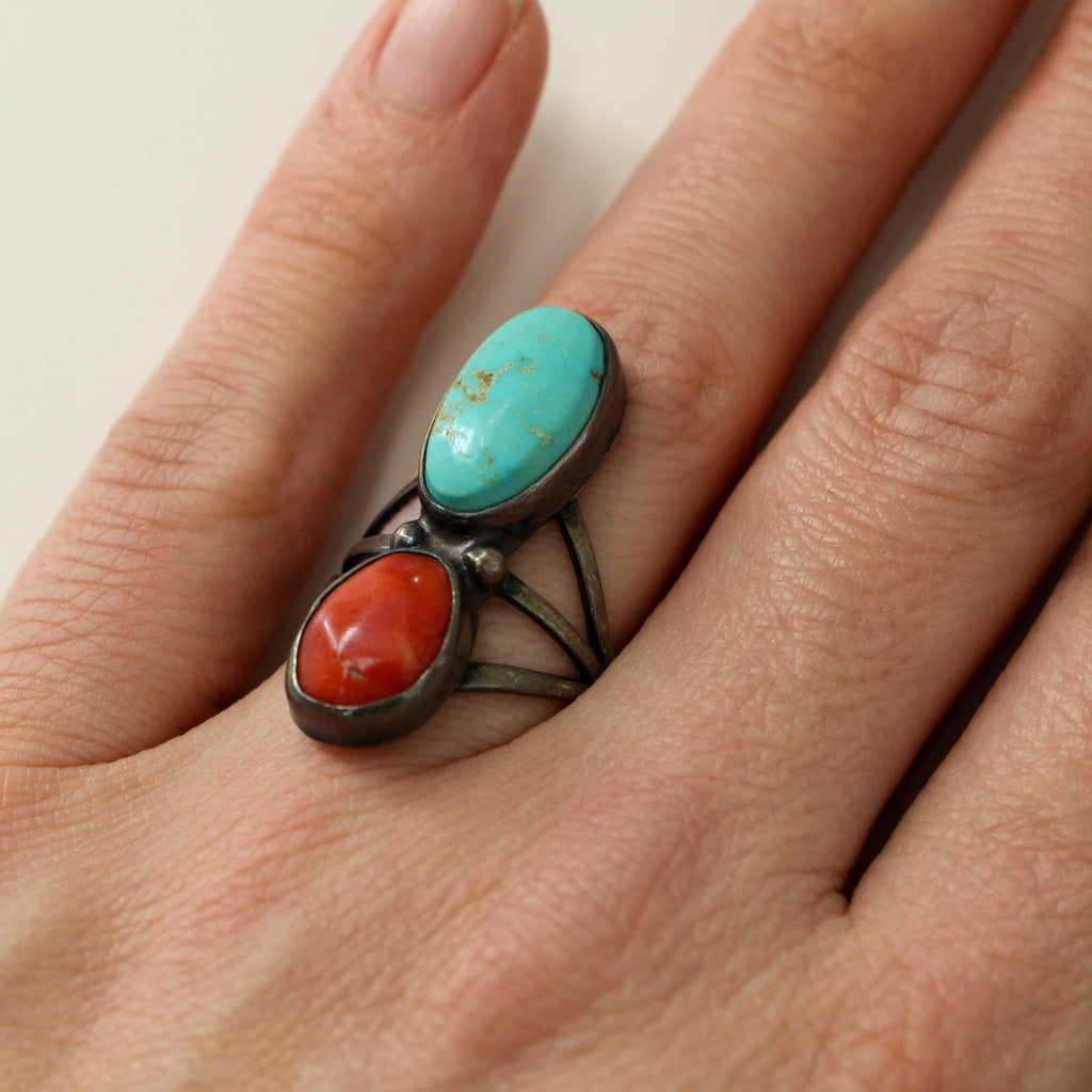 70s turquoise + coral 'toi et moi' sterling ring