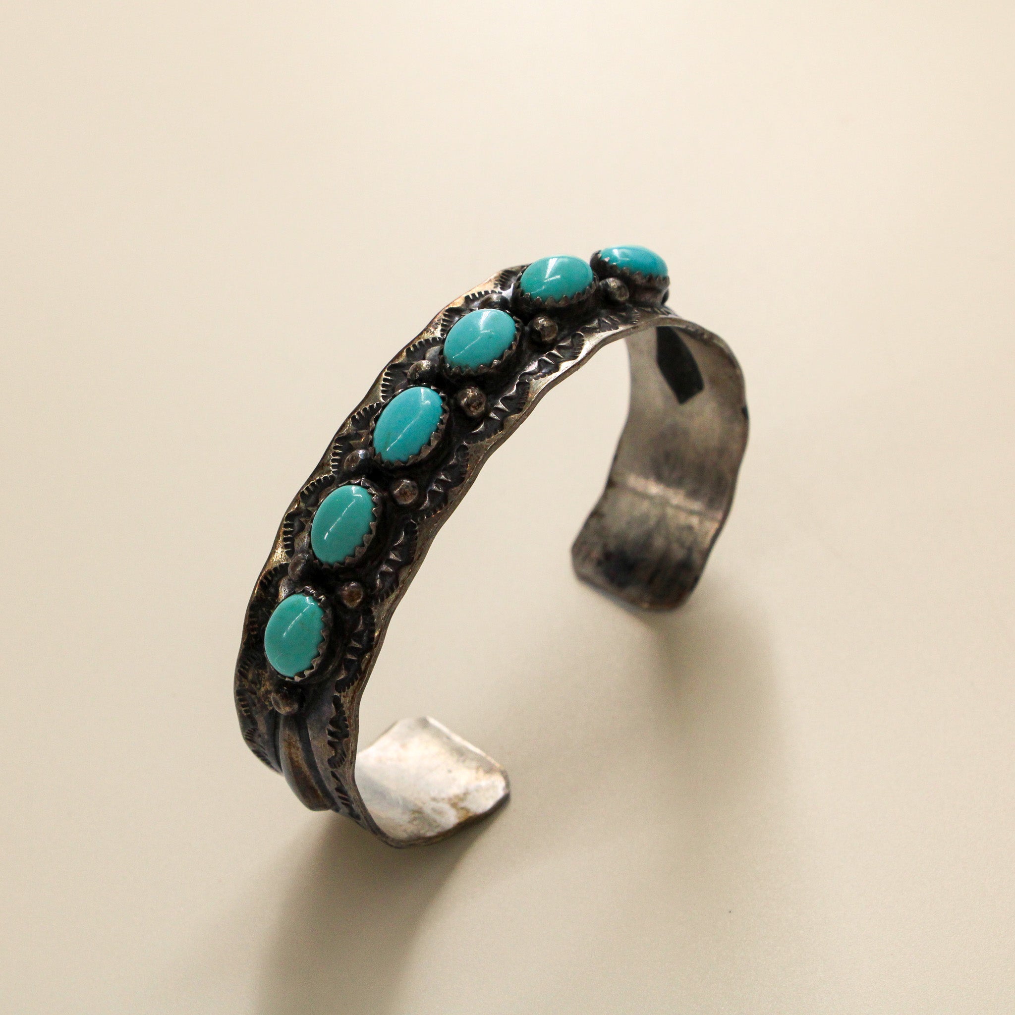 70s turquoise row silver cuff bracelet
