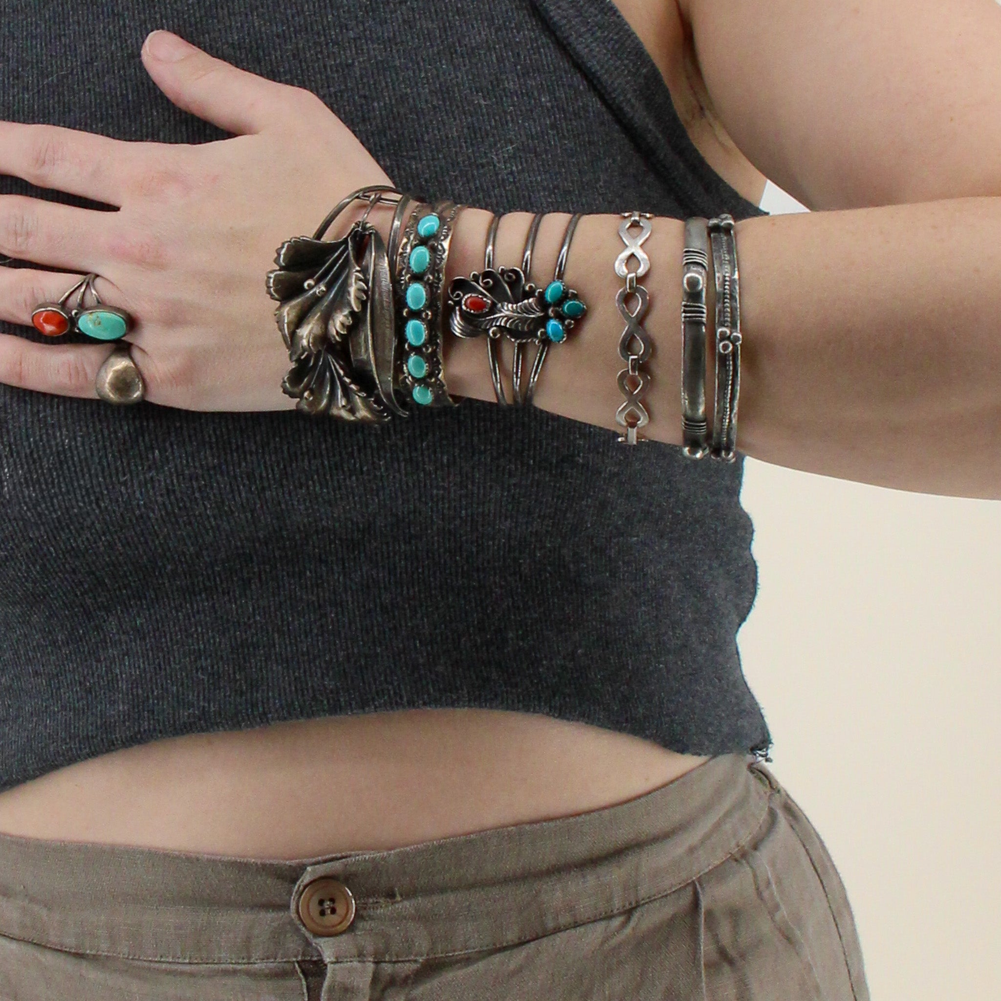 60s sterling turquoise and coral leaf cuff bracelet