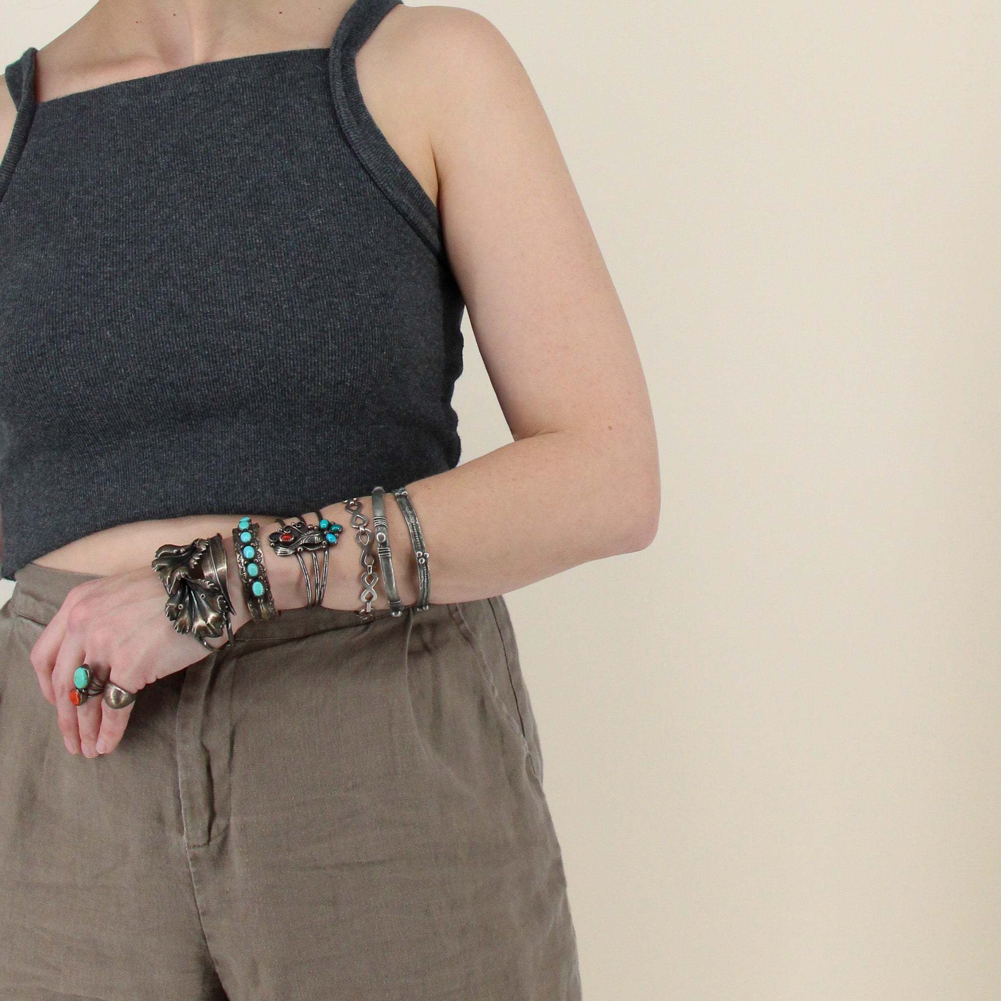 60s sterling turquoise and coral leaf cuff bracelet