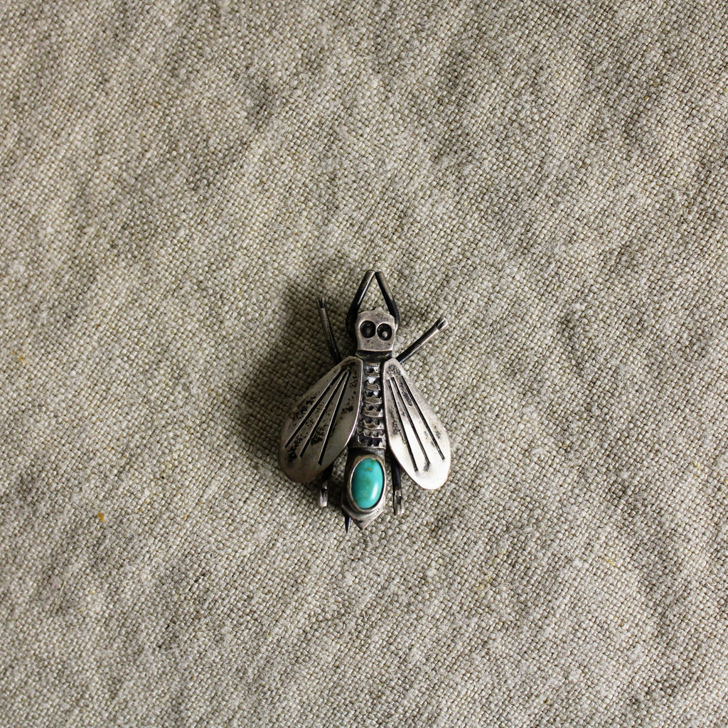 vintage sterling silver fly brooch with turquoise - mid-century southwestern
