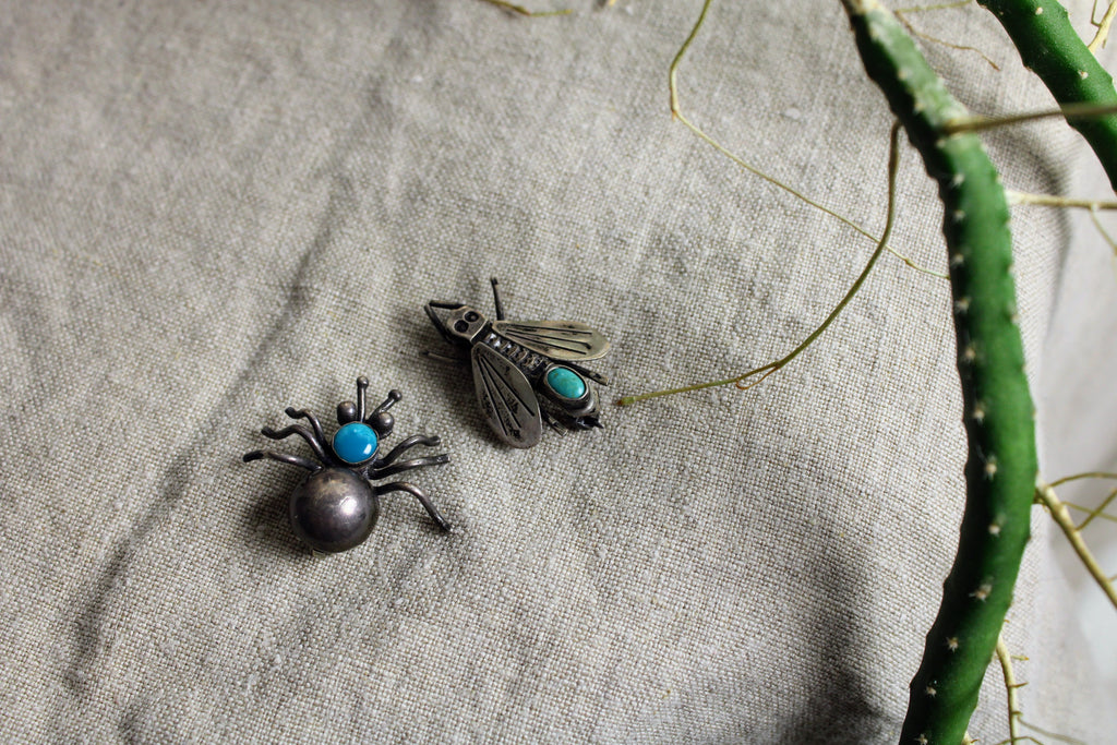vintage sterling silver fly brooch with turquoise - mid-century southwestern