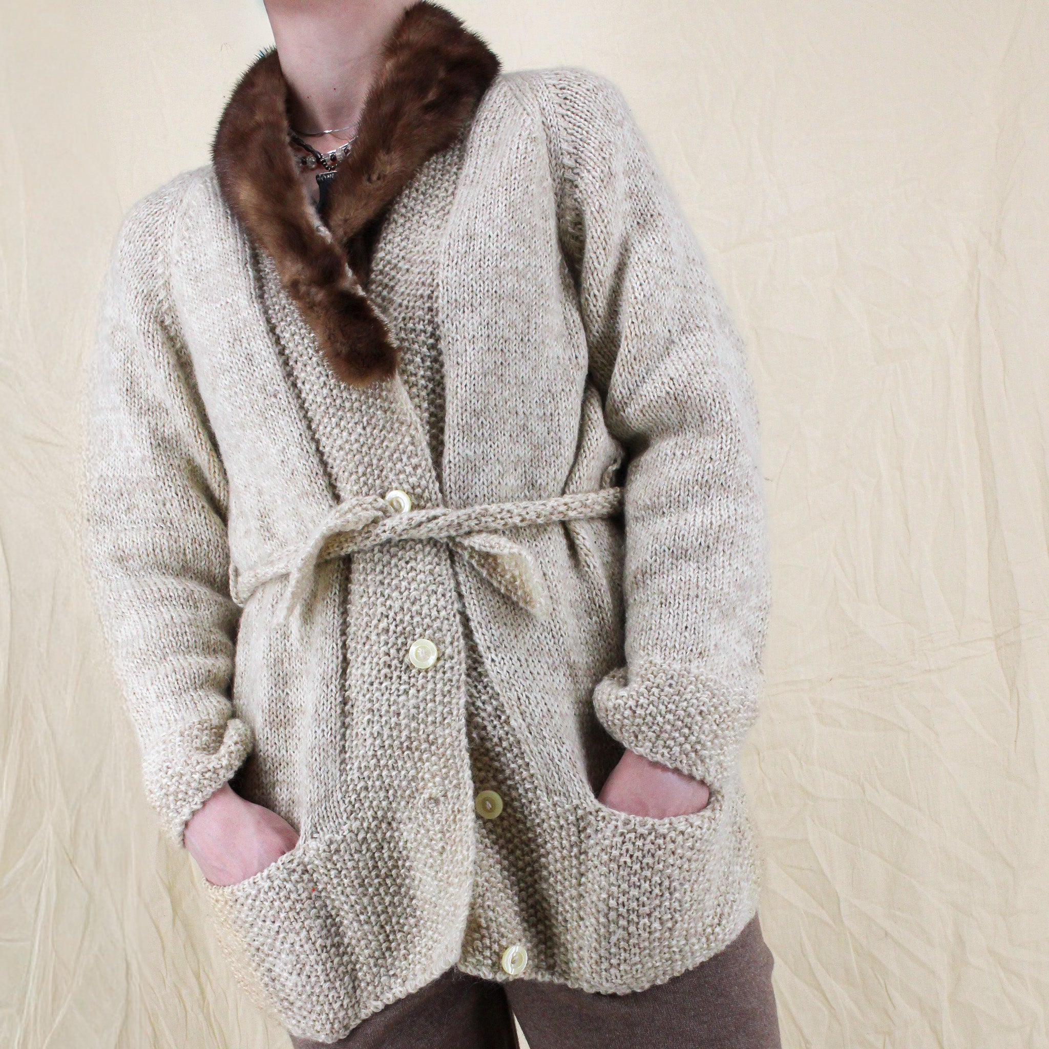 50s handknit wool cardigan with mink fur collar