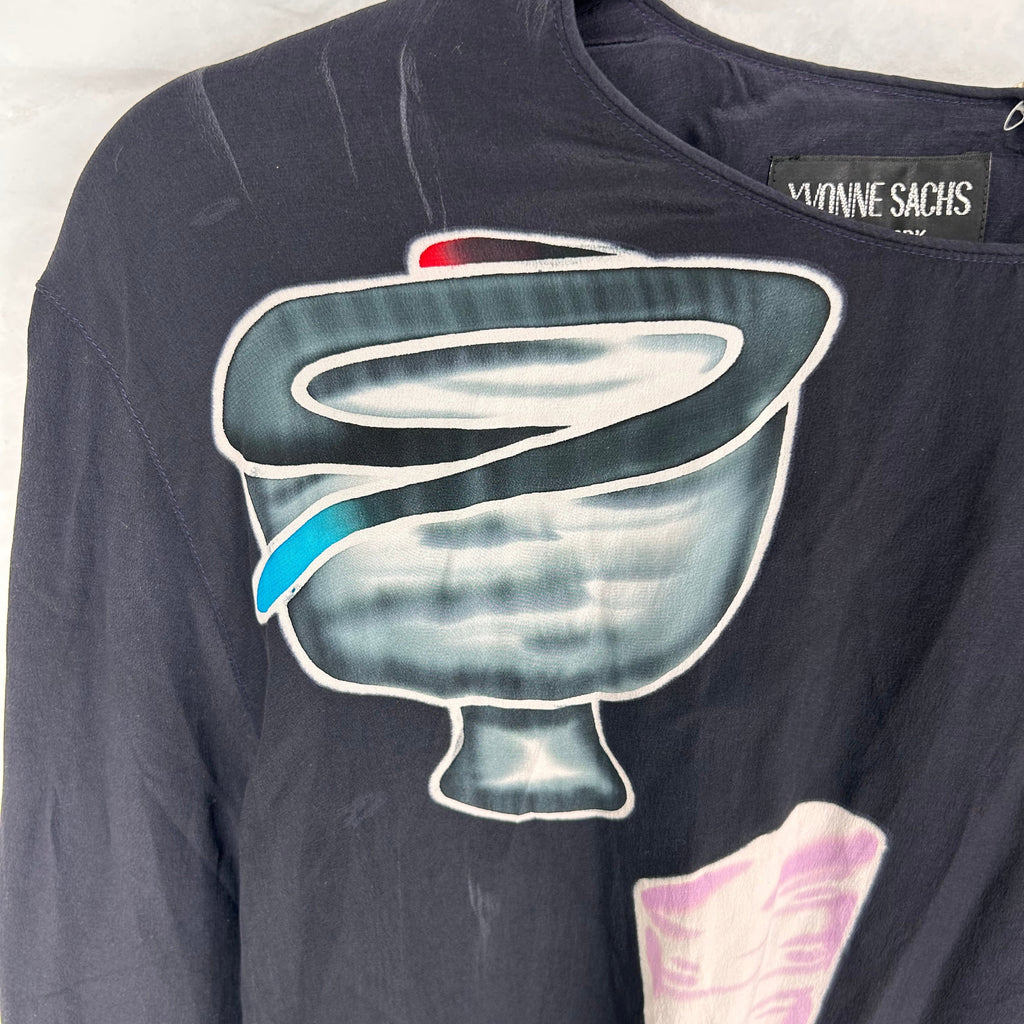 90s silk cocktail glass print blouse - oversized
