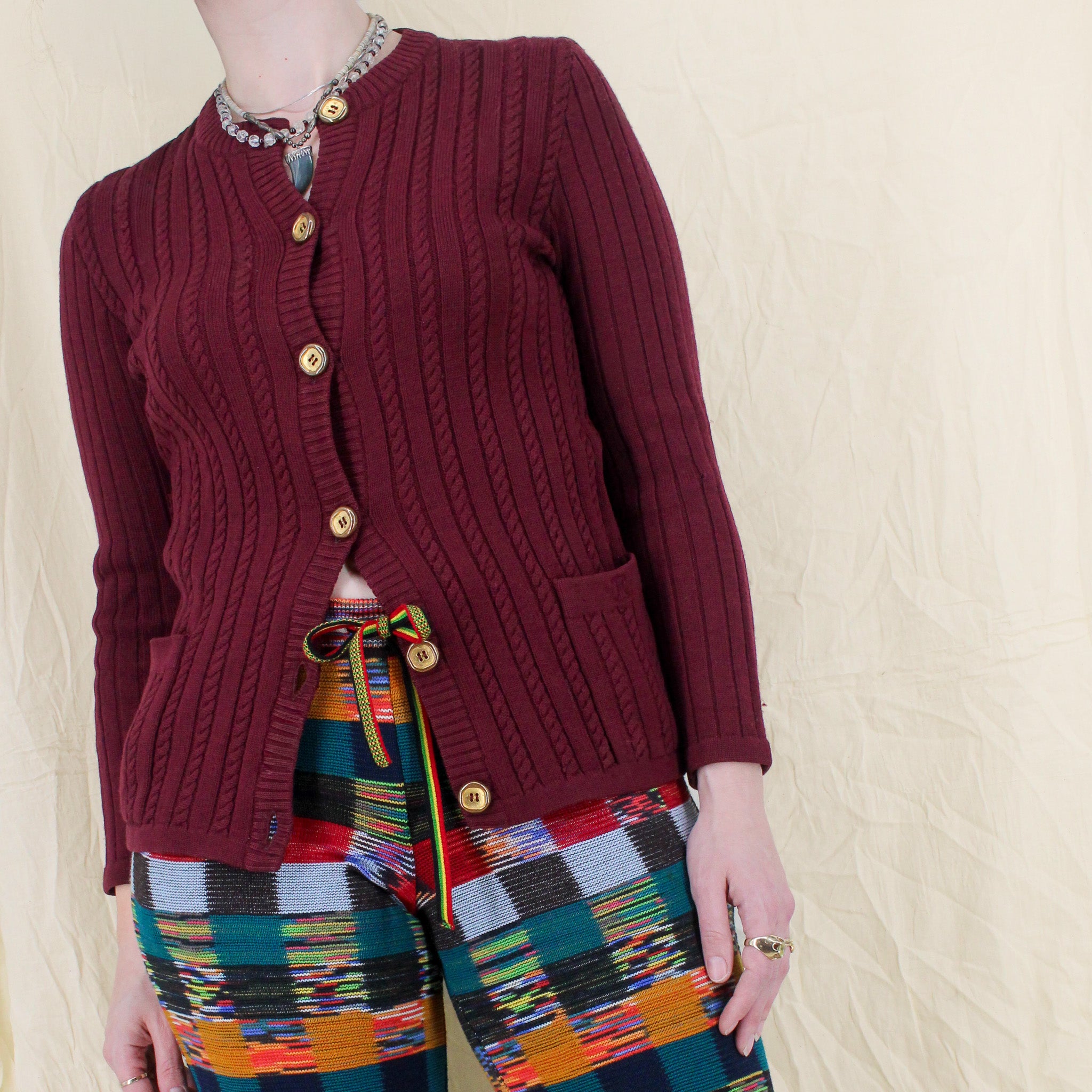 70s céline burgundy cable knit cardigan