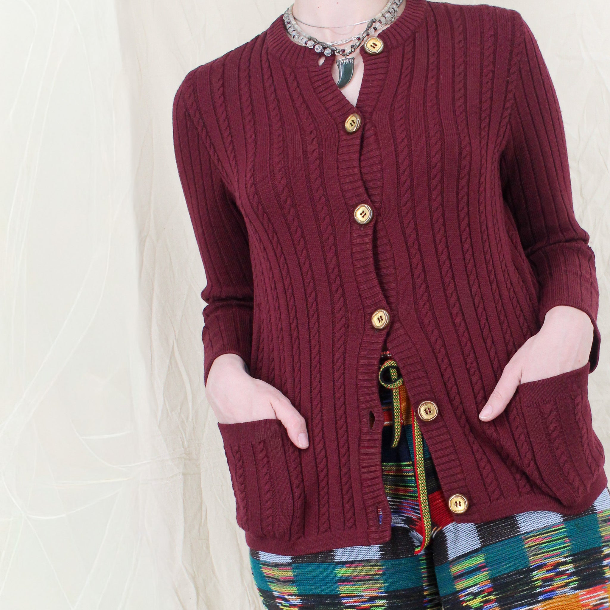 70s céline burgundy cable knit cardigan