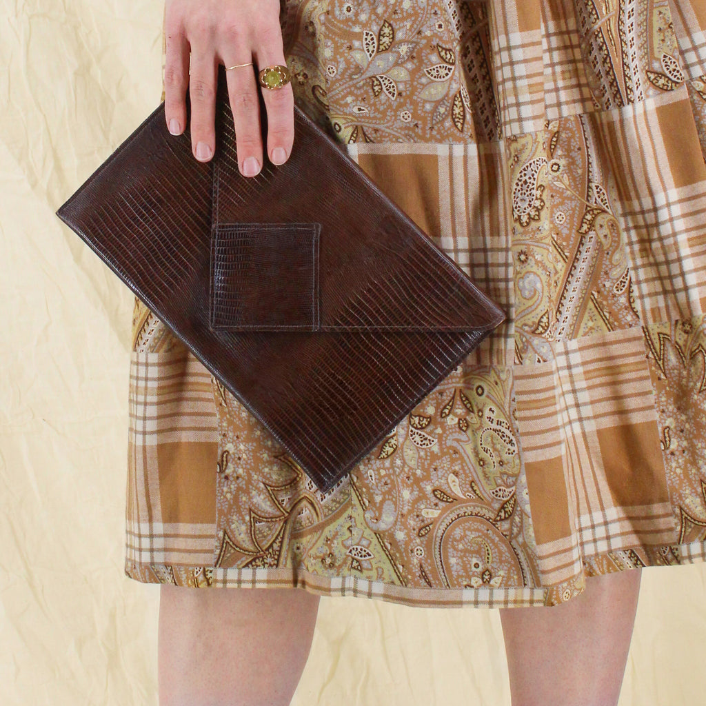 70s reptile-embossed leather envelope clutch