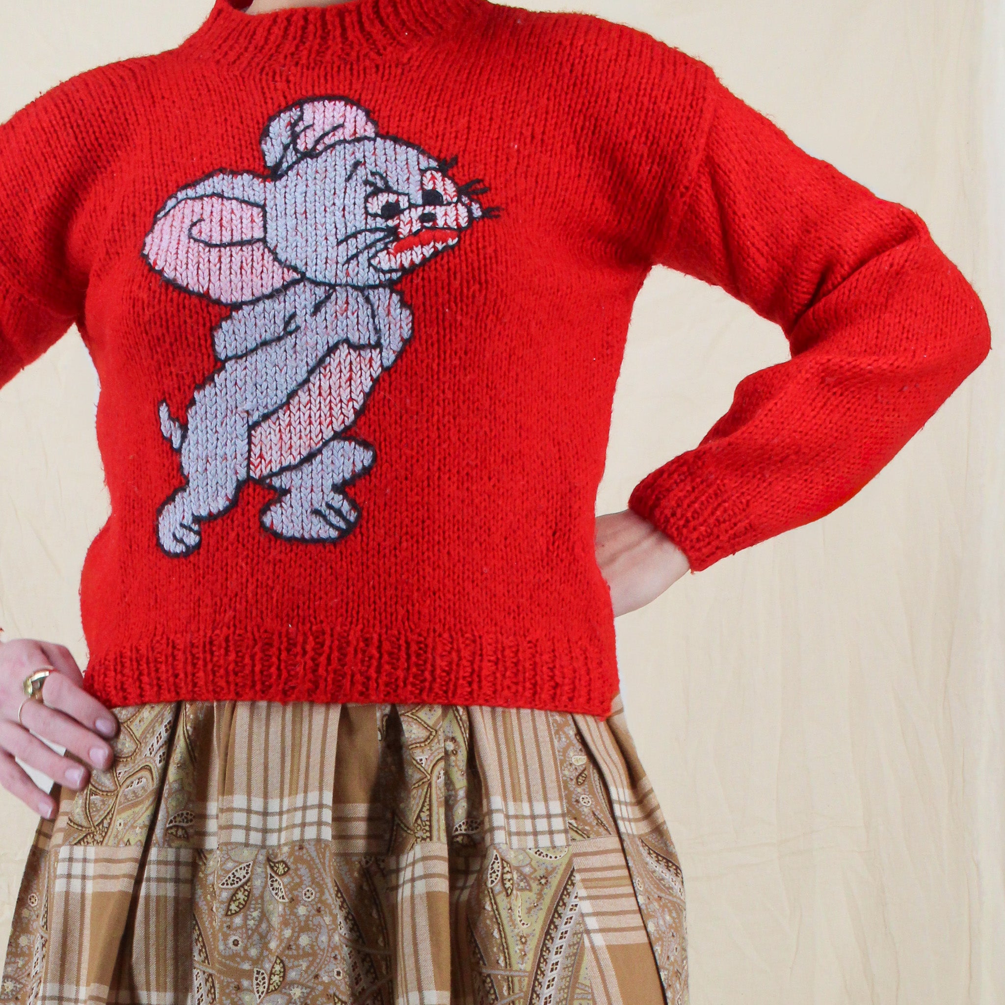 90s handknit tom & jerry red wool sweater