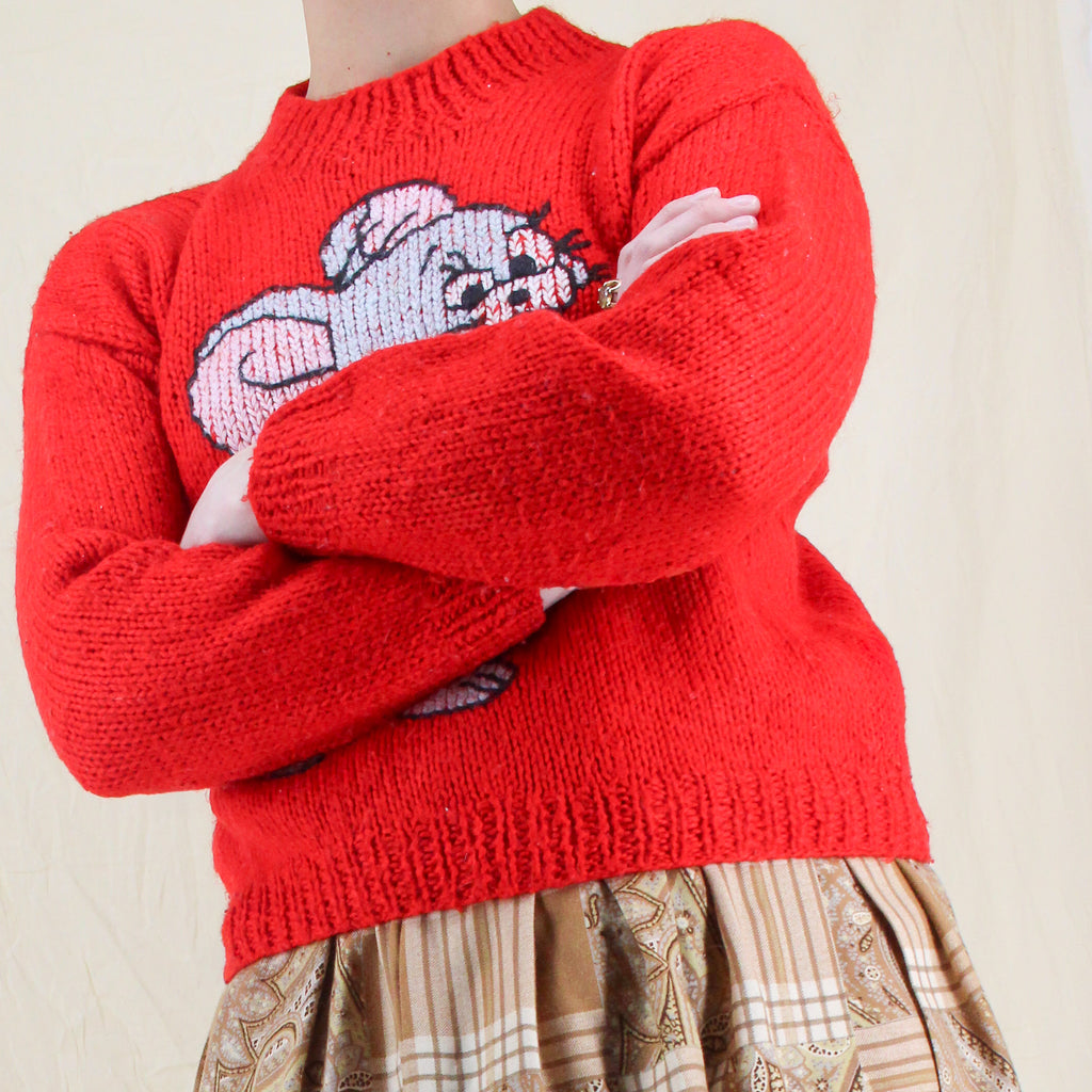 90s handknit tom & jerry red wool sweater