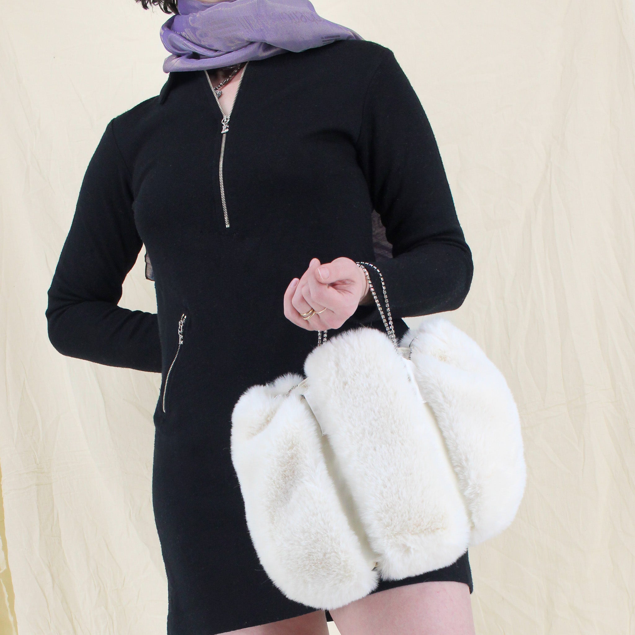 90s ivory faux fur & rhinestone chain bag