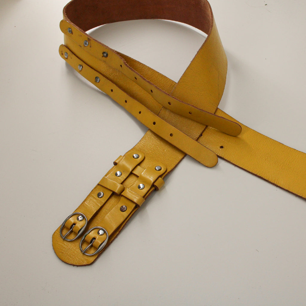 70s yellow wide leather double buckle belt
