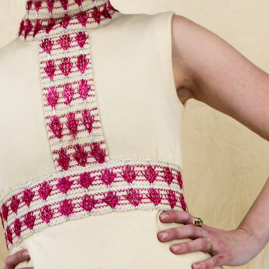 60s wool mod shift dress with metallic pink embroidery