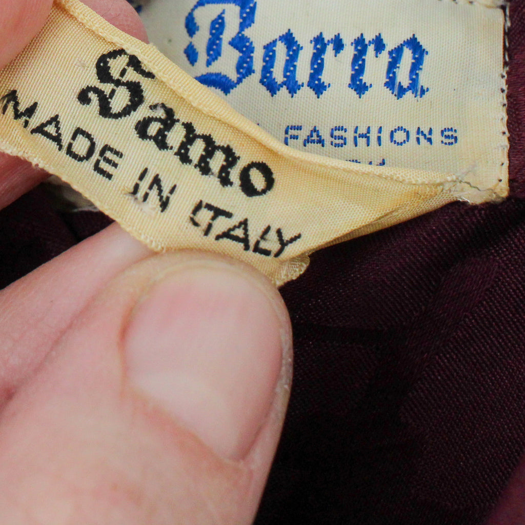 70s burgundy italian silk jacquard shirt dress