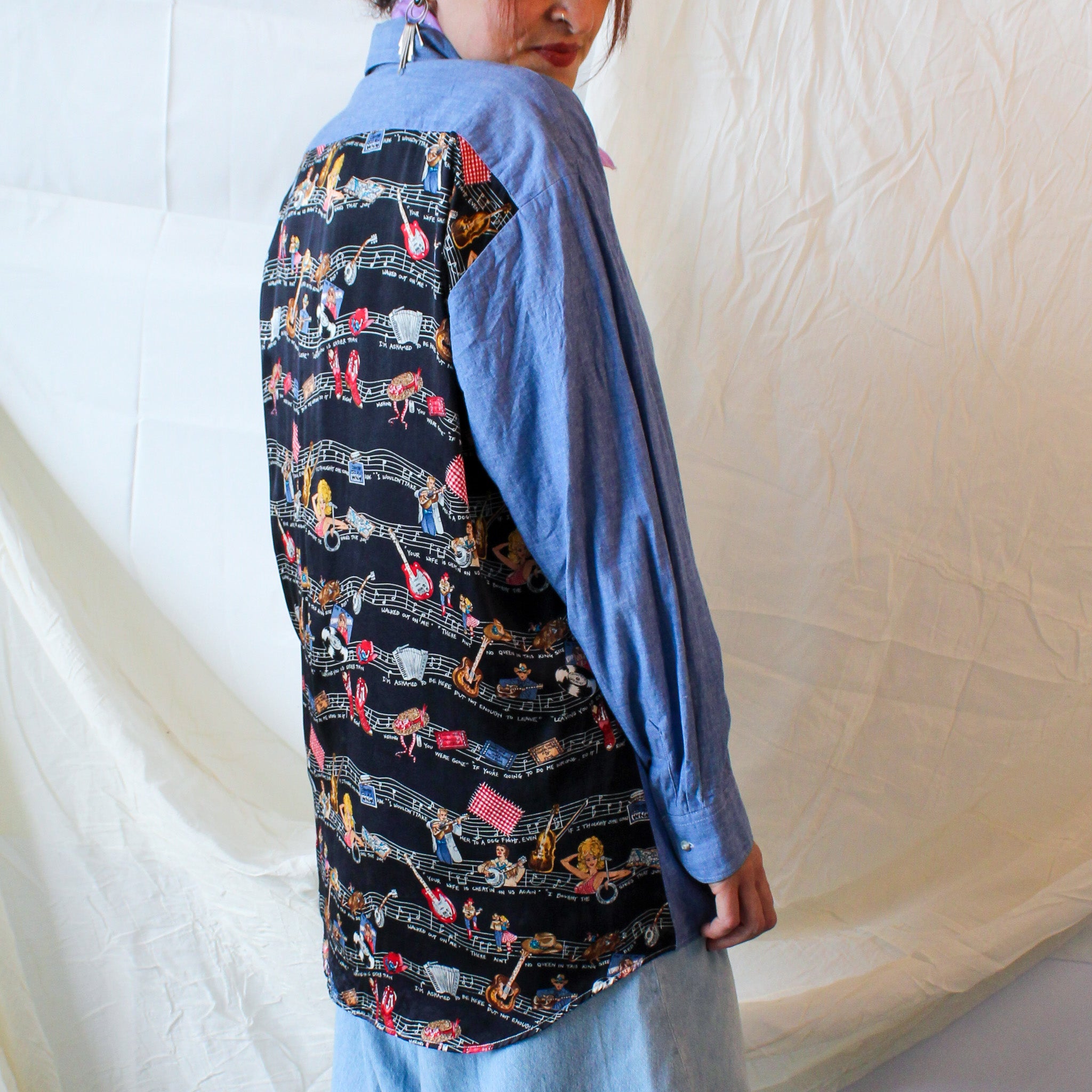 90s nicole miller rare limited edition country music chambray and silk back shirt