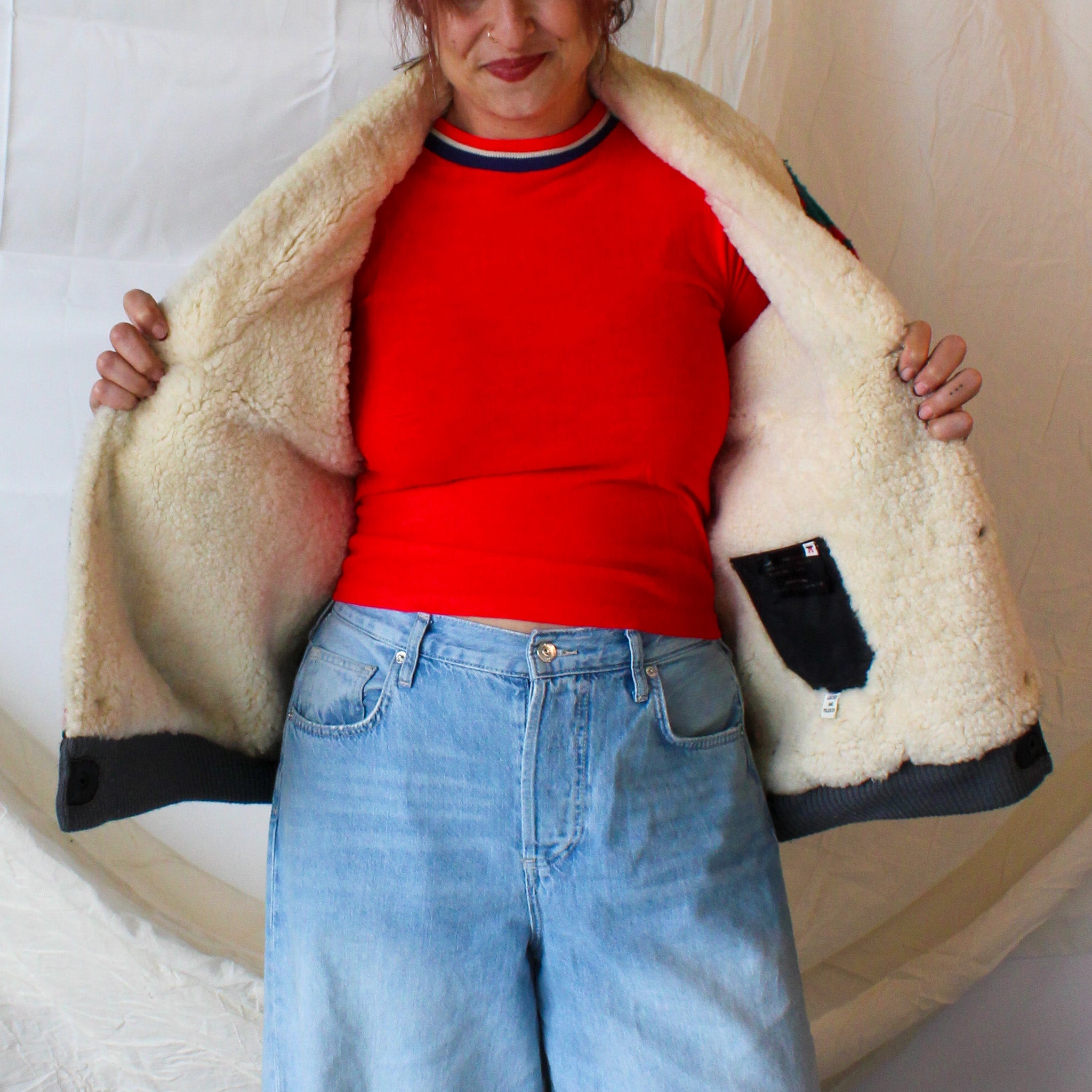 70s aztec woolrich-inspired sheepskin shearling bomber jacket sweater