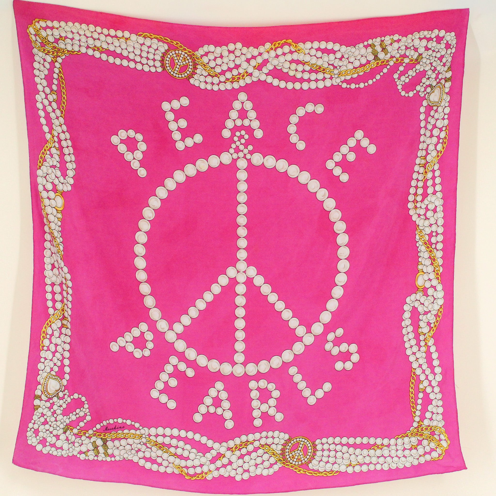 90s moschino “peace & pearls” fuchsia silk scarf