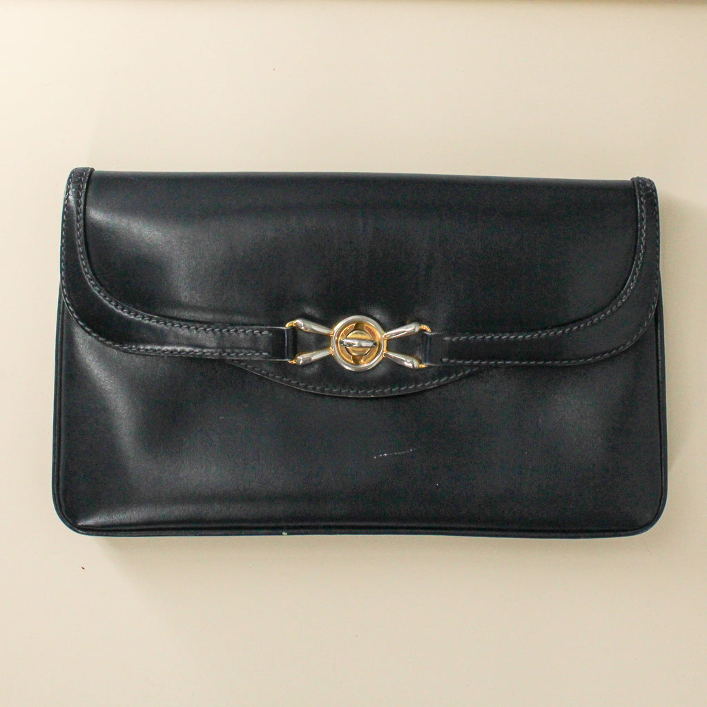 70s gucci navy leather horsebit clasp clutch
